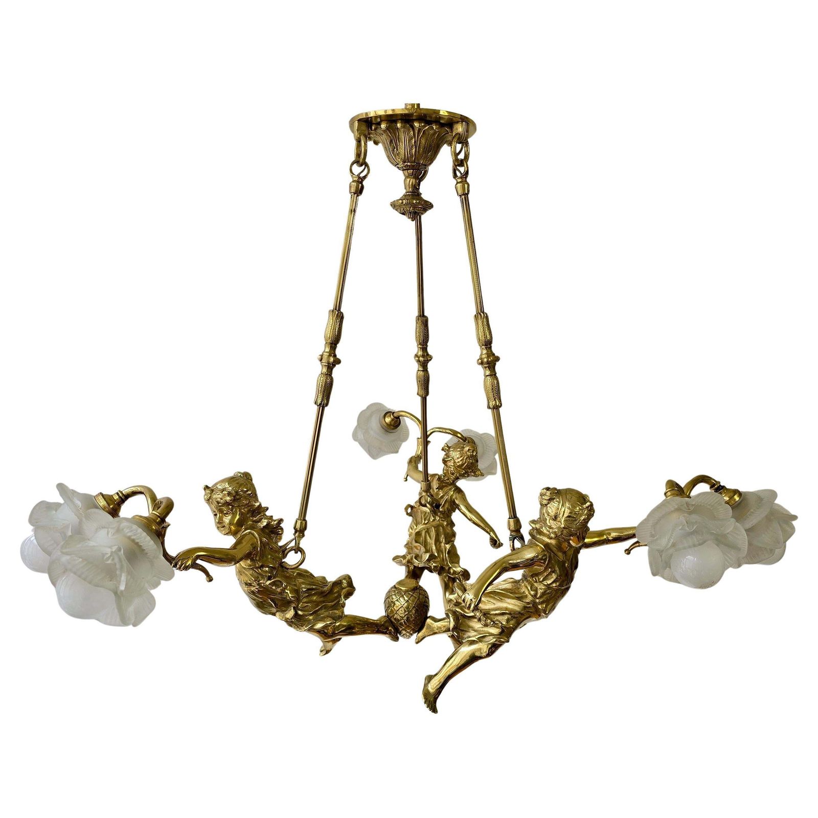 Exquisite French Gilt Bronze Chandelier With Cherubs Putti