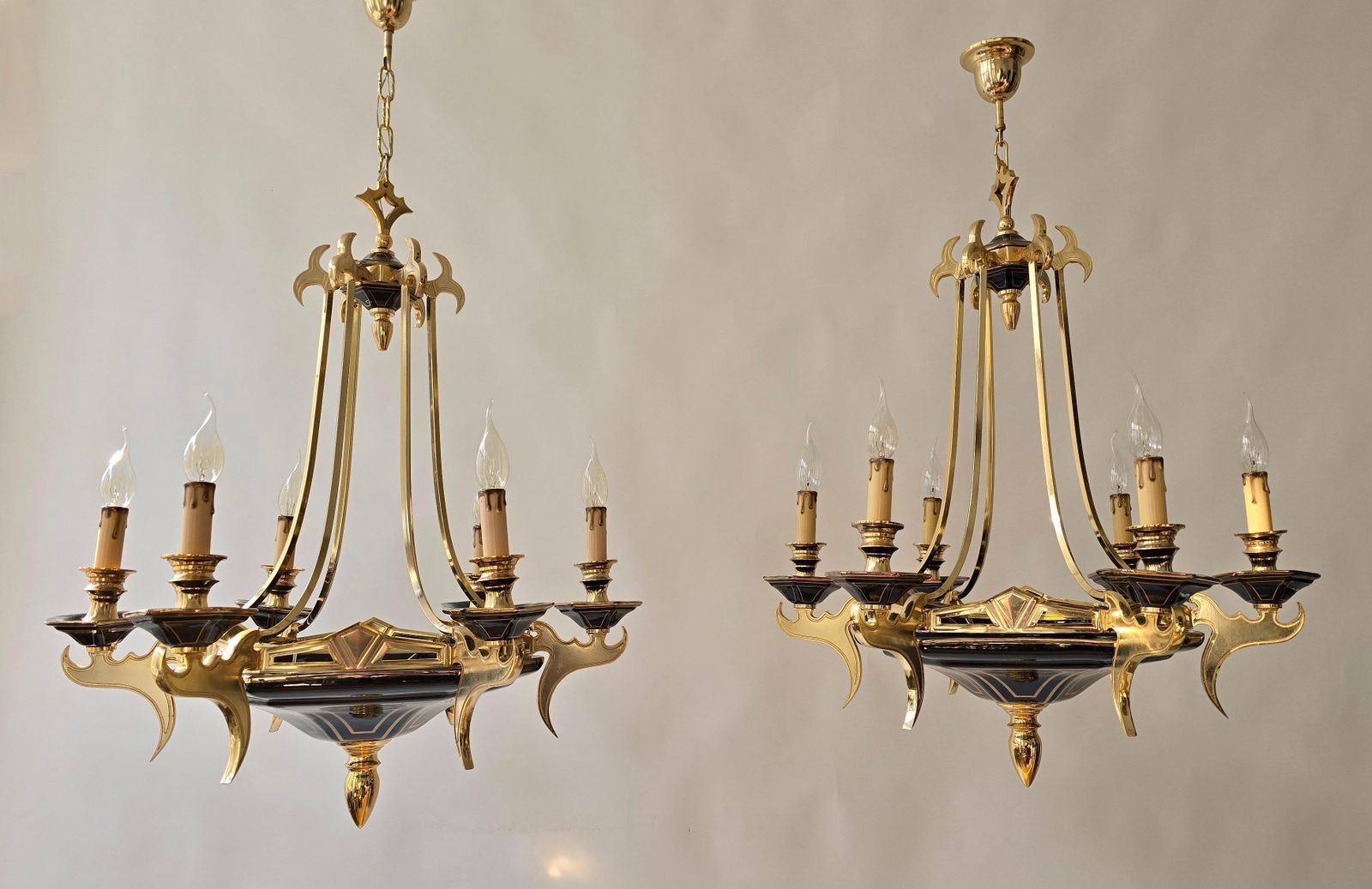 Two Italian Brass And Porcelain Chandeliers, Circa 1970 1980 photo for sale