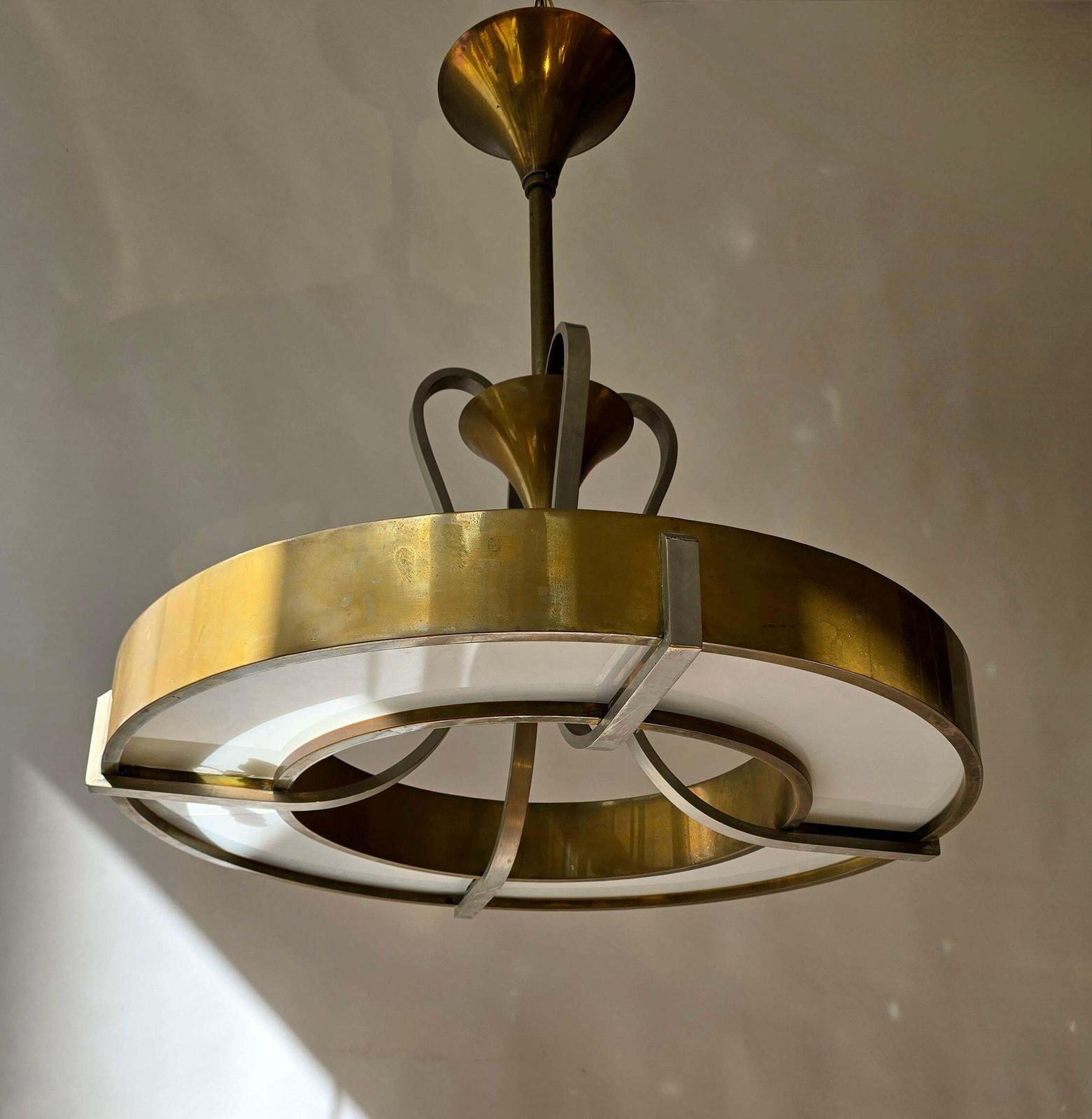 Elegant Art Deco And Bauhaus Brass And Opaline Glass Chandelier photo Lighting