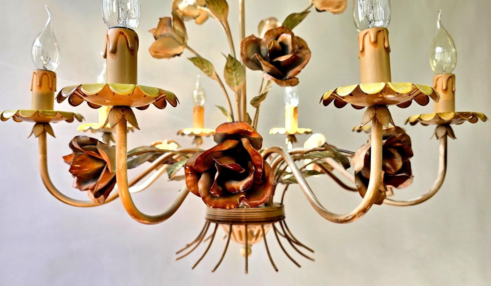 Onelegant Mid Century Italian Toleware Floral Chandelier With Hand Painted Roses photo for sale