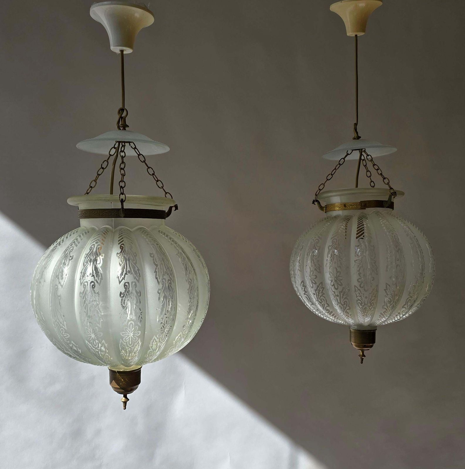 Pair Of Rare Venetian Murano Bell Jar Lanterns With Etched Glass photo 3603.0