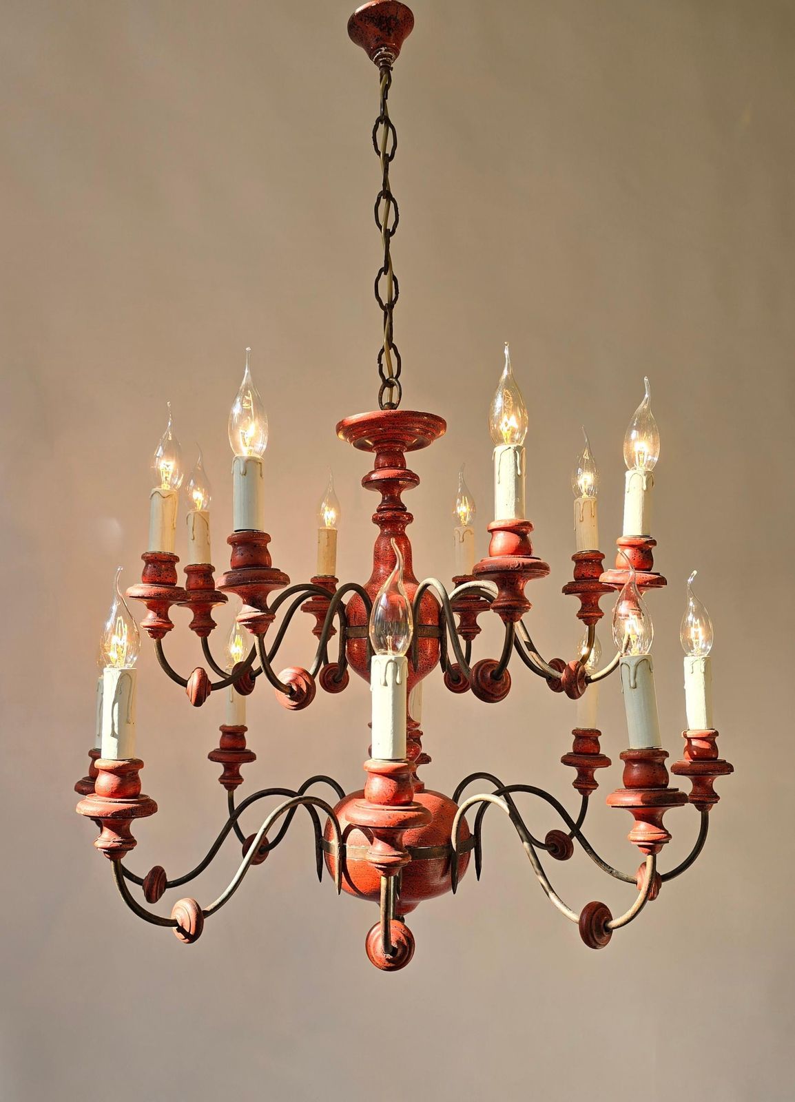Beautiful Wooden & Iron Chandelier With 16 Arms – Unique Red Finish photo for sale