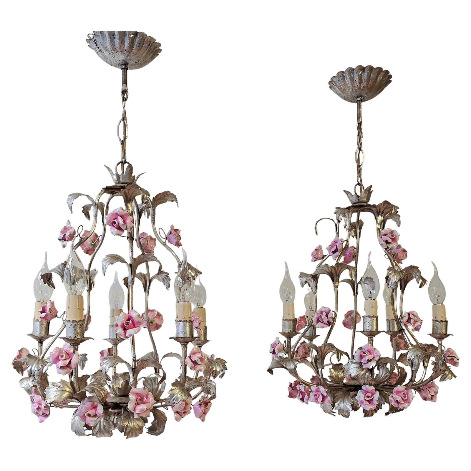 Set Of Two Chandeliers With Porcelain Roses