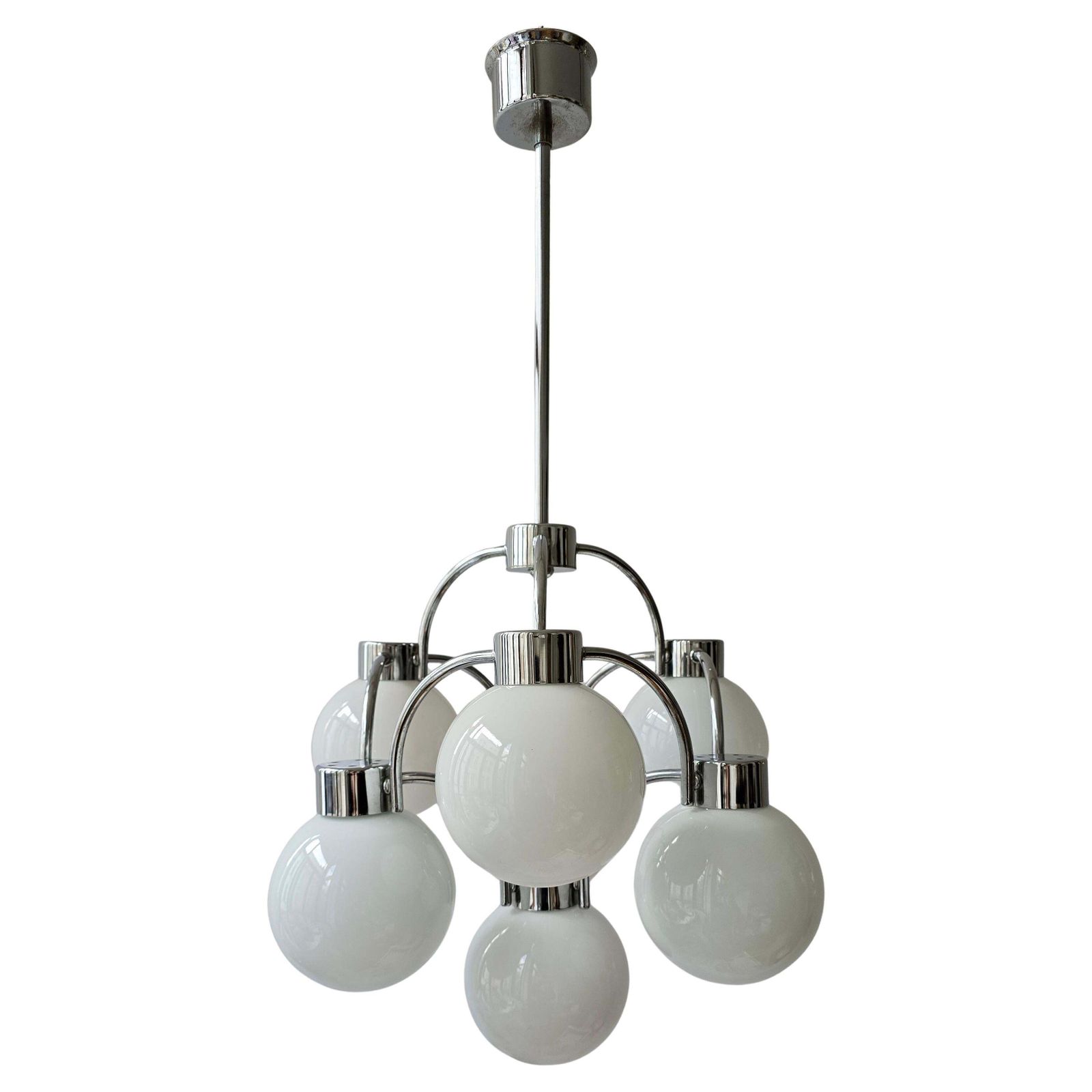 Mid Century Modern Chandelier In Chrome & Milk Glass photo Lighting