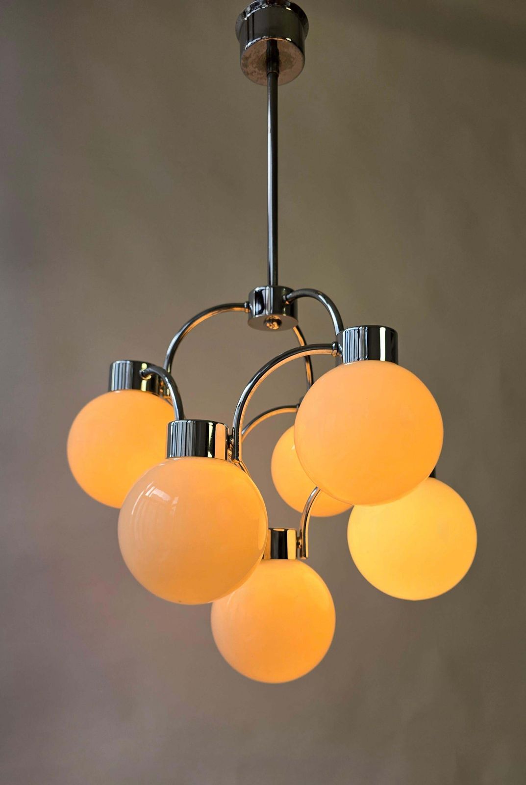 Mid Century Modern Chandelier In Chrome & Milk Glass photo vinterior