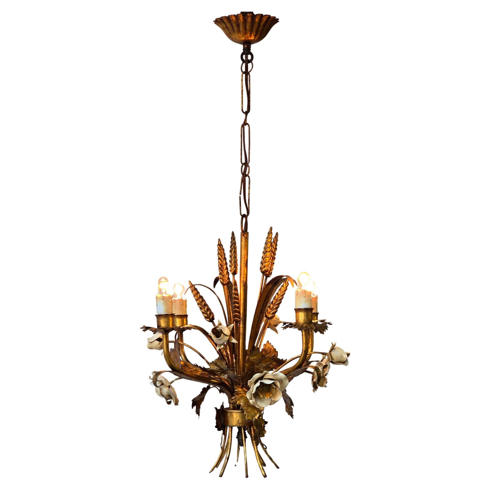 Chandelier In Brass With Painted White Roses photo for sale