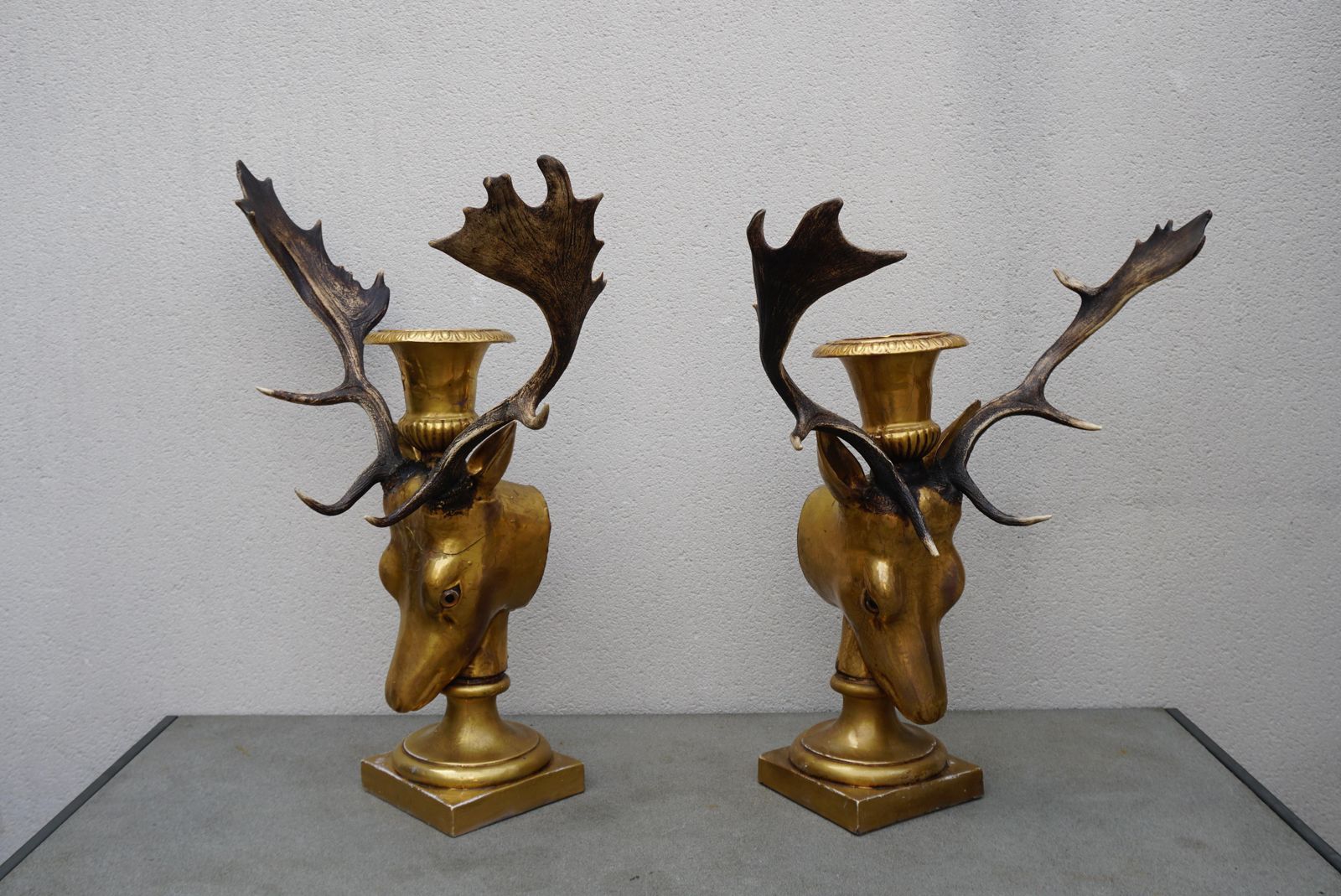 Beautiful Pair Of Golden Deer Heads With Antlers And Flower Pots photo buy