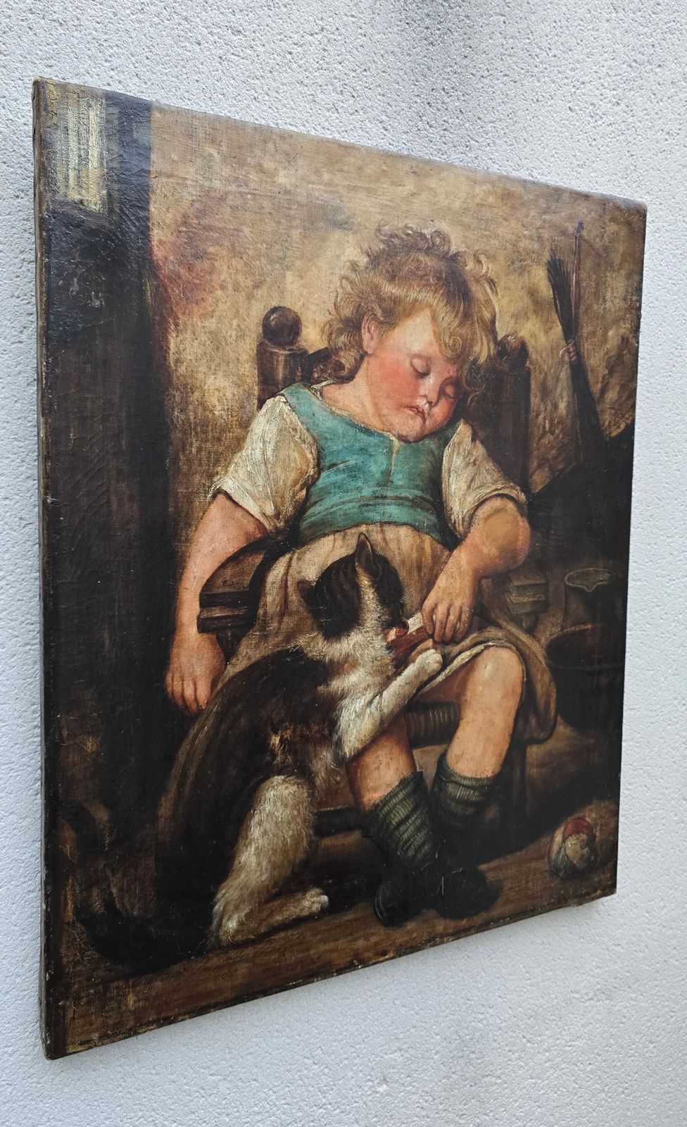 19th Century Oil Painting – Child With Cat photo furniture