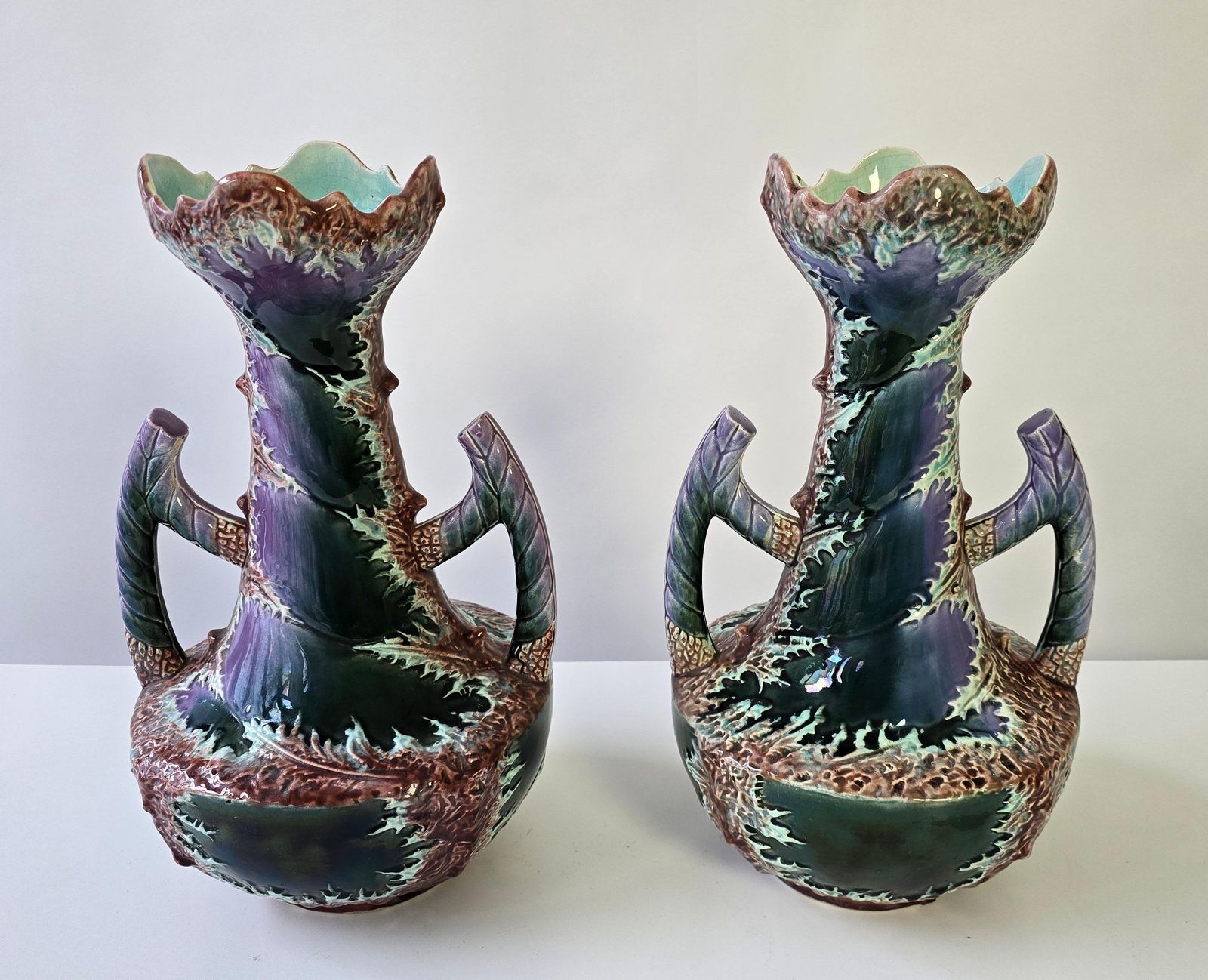 Pair Of Unique Ceramic Vases Fat Lava Style With Art Nouveau/Art Deco Influence photo for sale