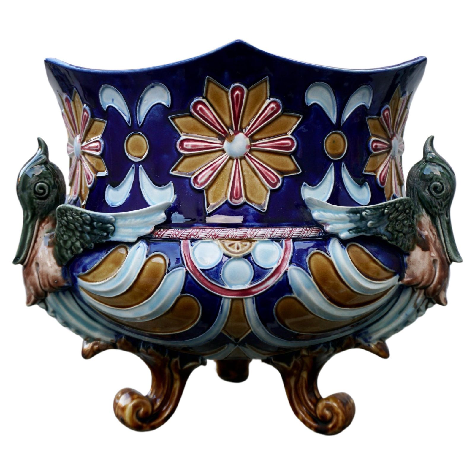 Rare Antique French Majolica Planter Jardiniere With Winged Griffins And Flowers