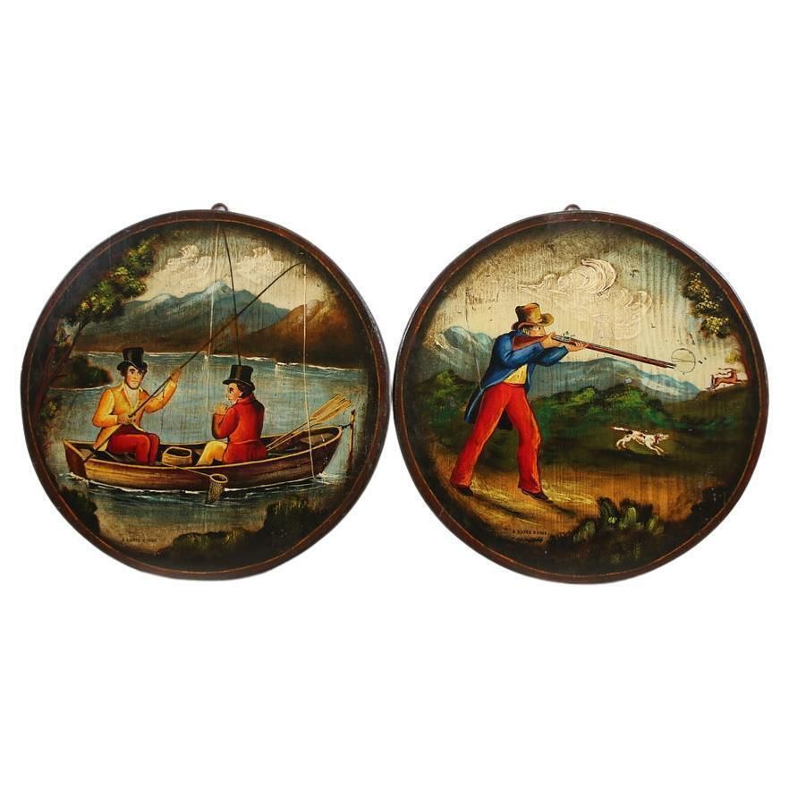 2 France Handpaint Wallplates With Hunting Scene From 1900