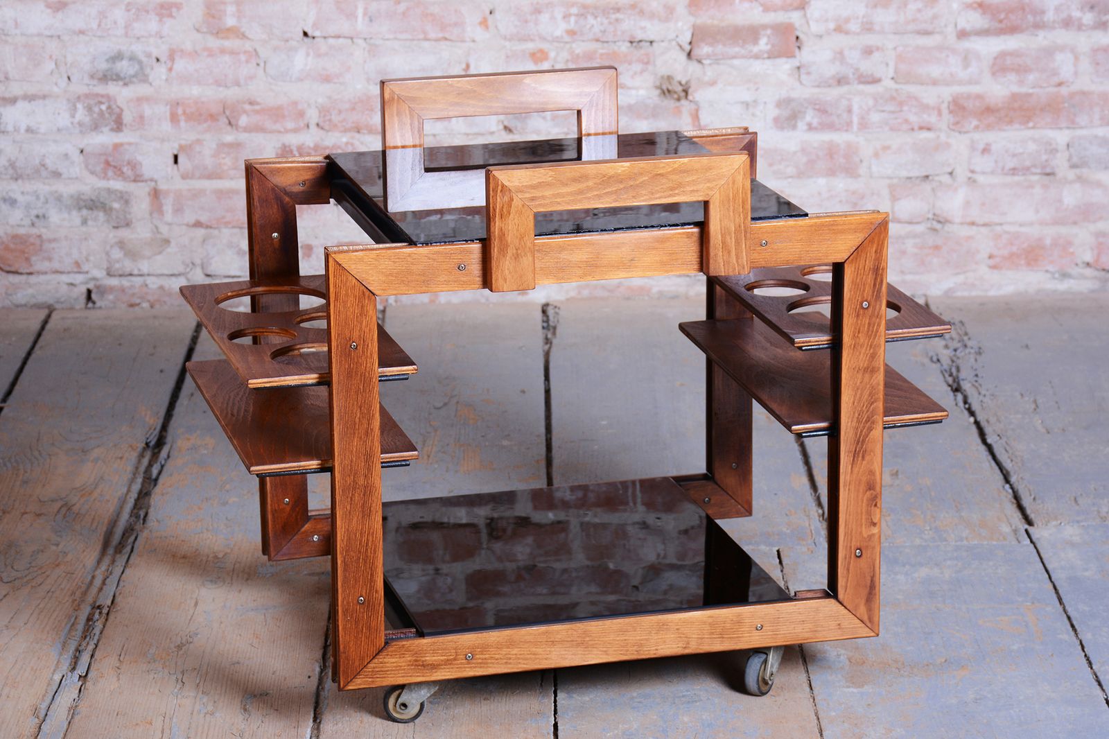 Restored Art Deco Trolley, Beech, Brass, Opaline Glass, New Polish, Czech, 1950s photo 650.0