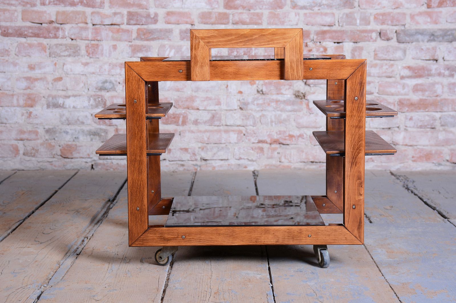 photo furniture Restored Art Deco Trolley, Beech, Brass, Opaline Glass, New Polish, Czech, 1950s