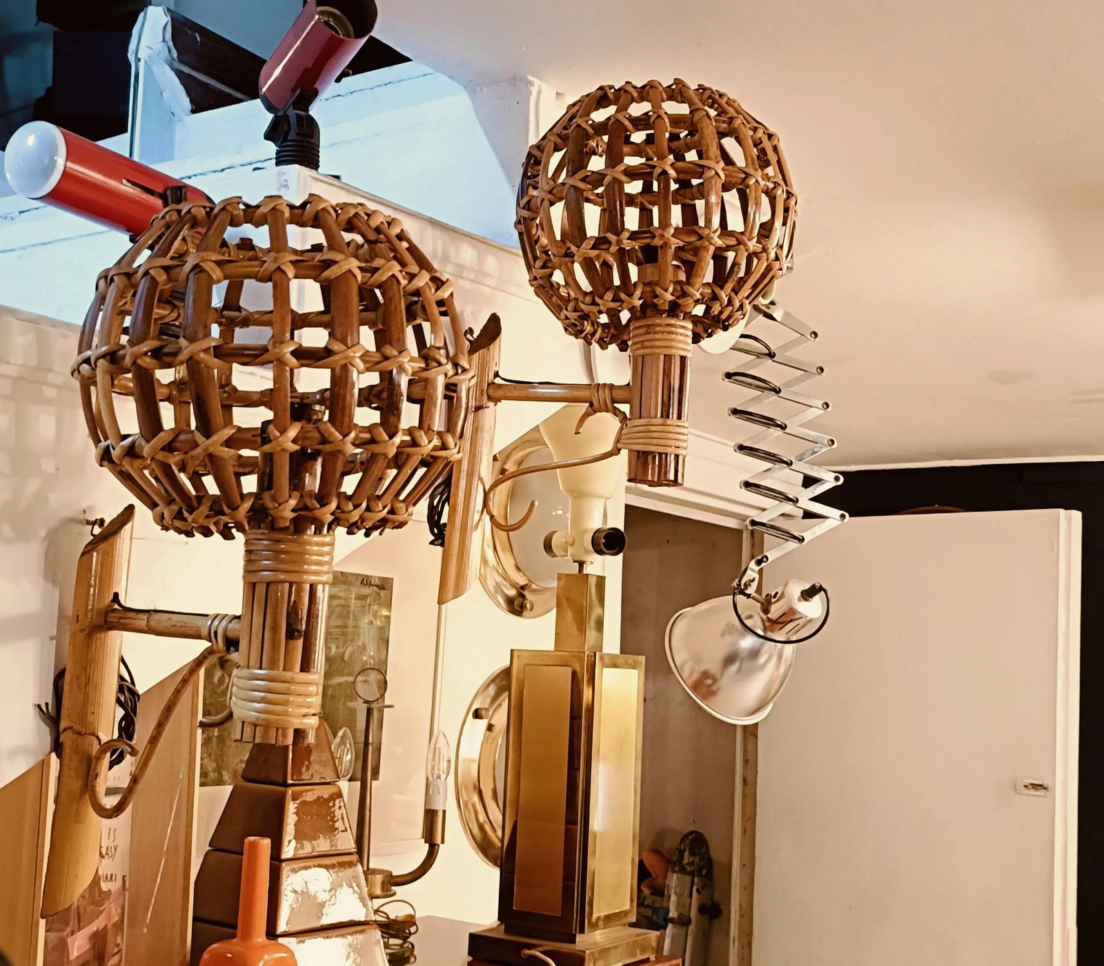 Louis Sognot Pair Of "Lantern" Wall Lamps In Bamboo And Rattan, France photo vintage