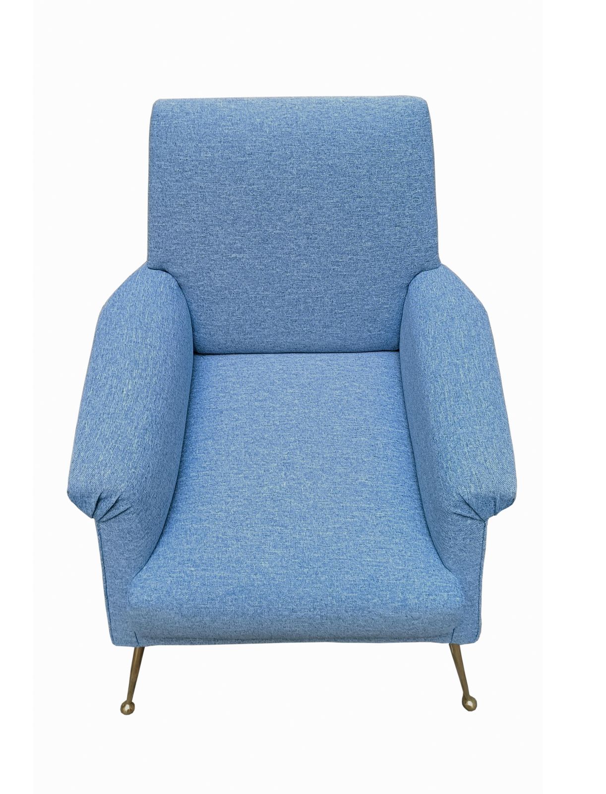 Refined Armchair In Light Blue Fabric And Brass Feet,  Italy 1960s photo vinterior