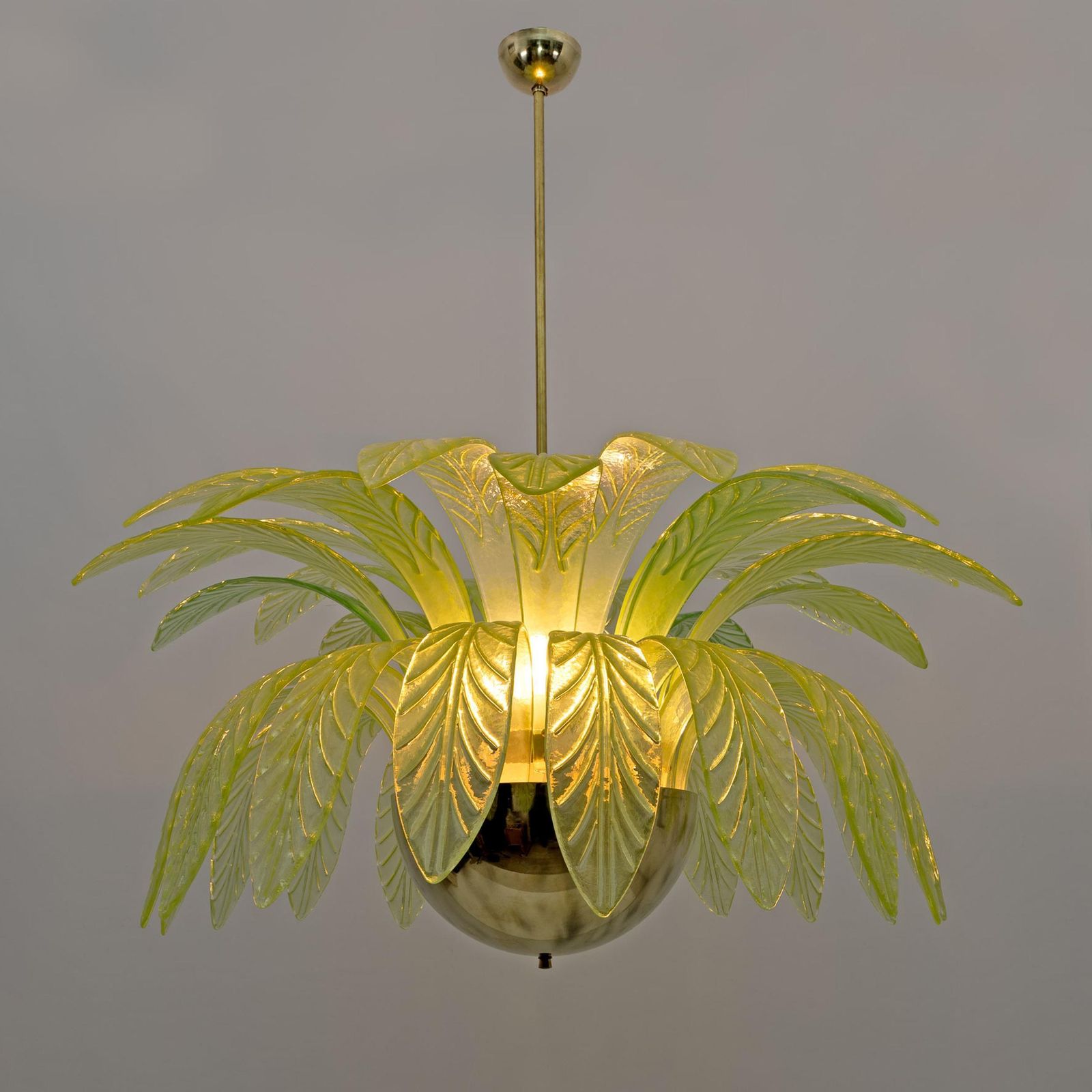 Pair Of Large Mouth Blown Murano Glass Chandeliers, 38 Blue Murano Glass Leaves photo vinterior