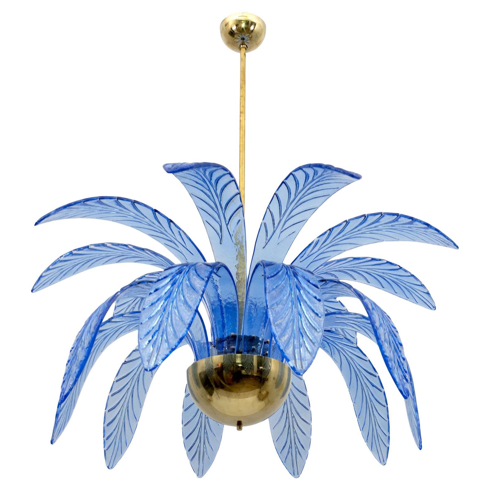 Mid Century Modern Palm Leaves Chandelier Light Blue Murano Glass And Brass, 70s