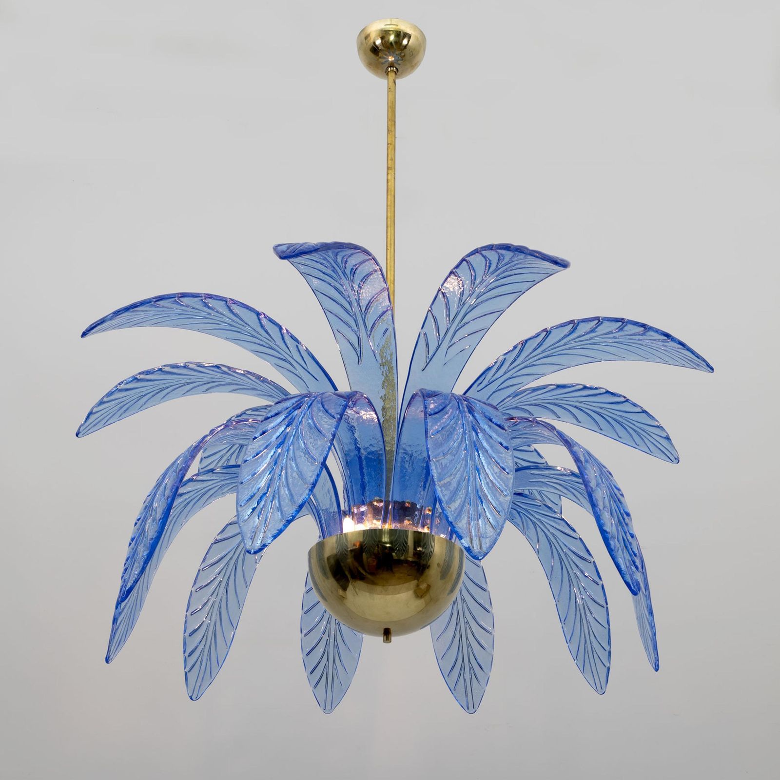 Mid Century Modern Palm Leaves Chandelier Light Blue Murano Glass And Brass, 70s photo for sale