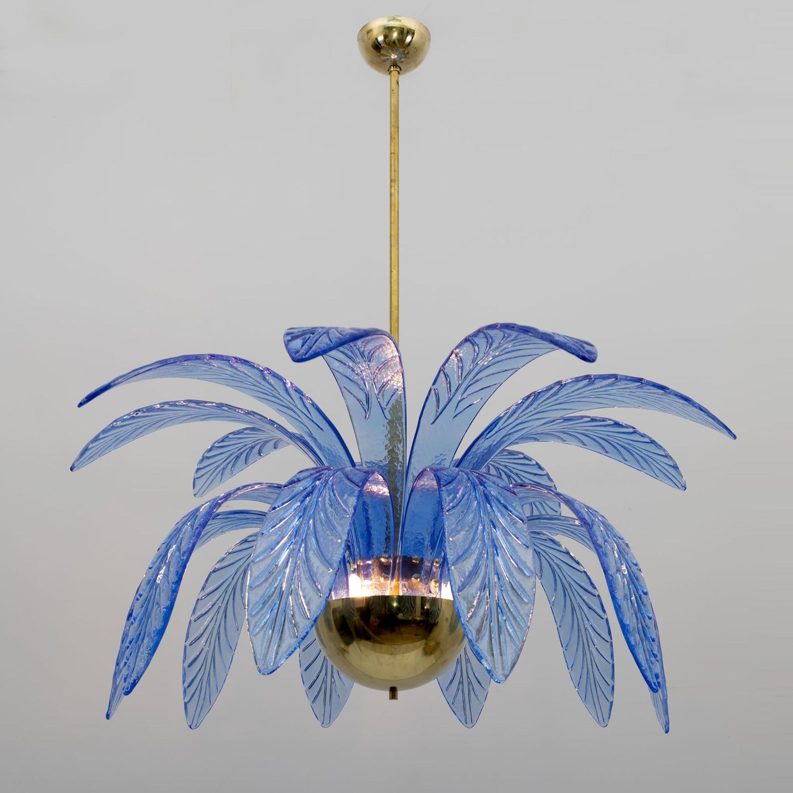 Mid Century Modern Palm Leaves Chandelier Light Blue Murano Glass And Brass, 70s photo Lighting