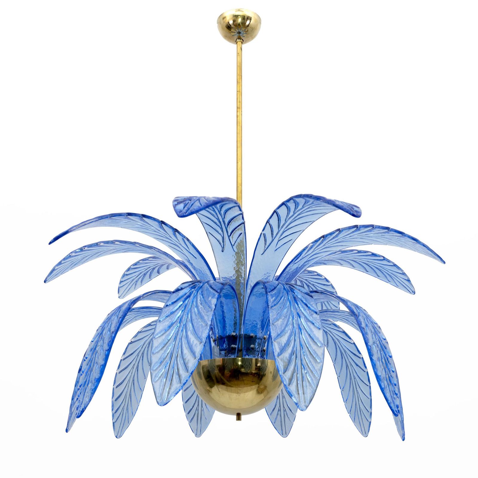 Mid Century Modern Palm Leaves Chandelier Light Blue Murano Glass And Brass, 70s photo 4289.0
