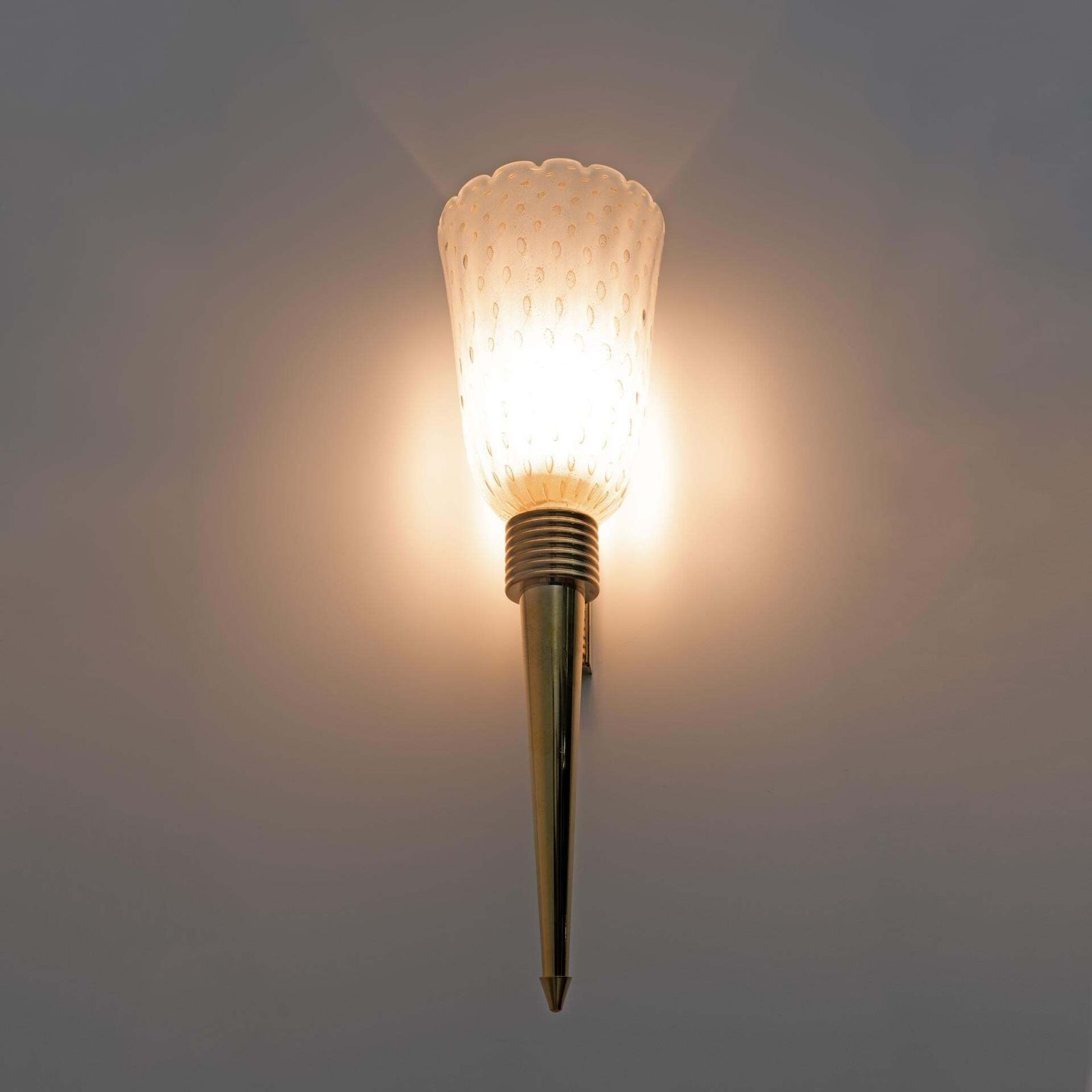 Pair Of Mid Century Modern Italian Brass And Pulegoso Murano Glass Sconces photo Lighting