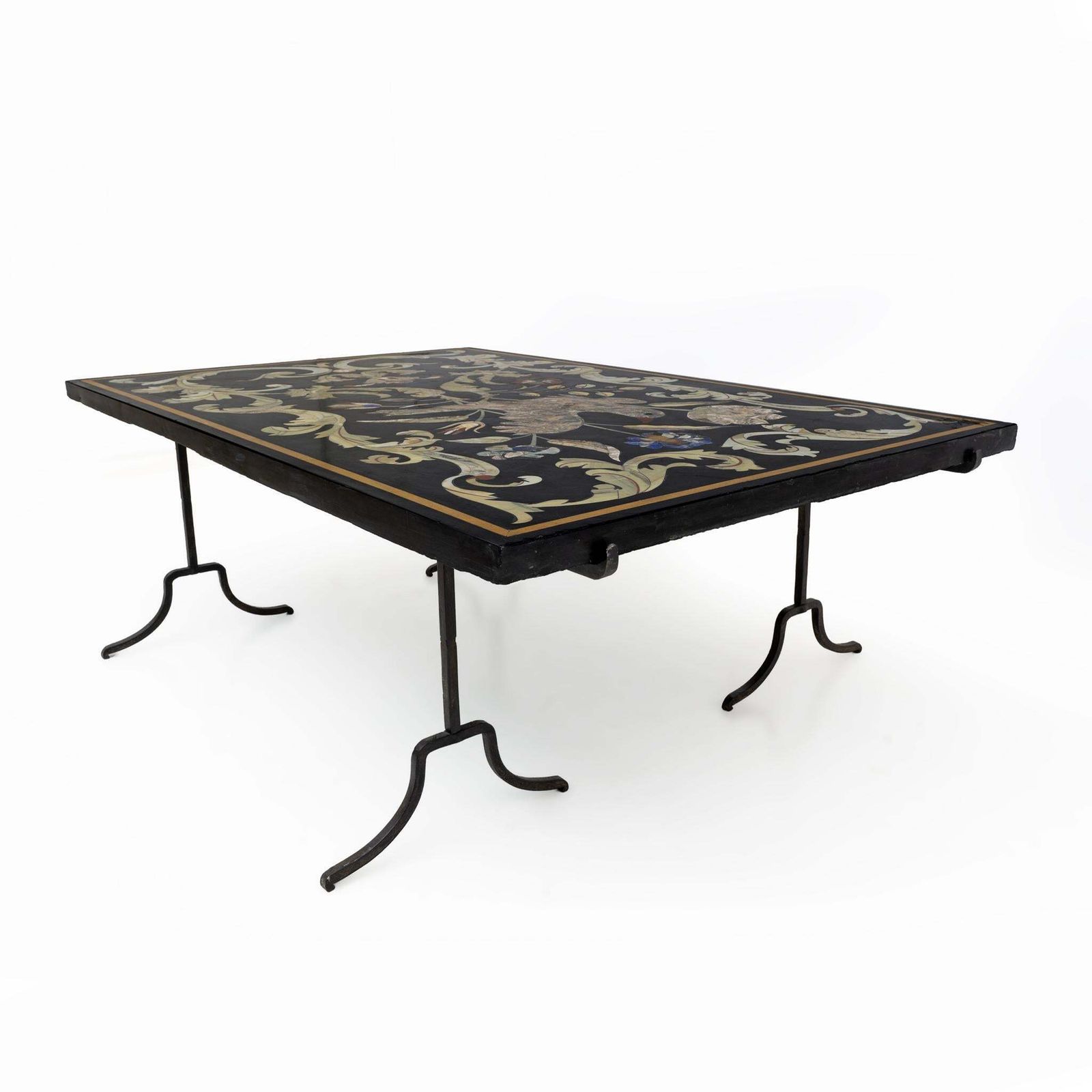20th Century Italian Handmade Wrought Iron Coffee Table Frame Inlaid Marble Top photo vinterior