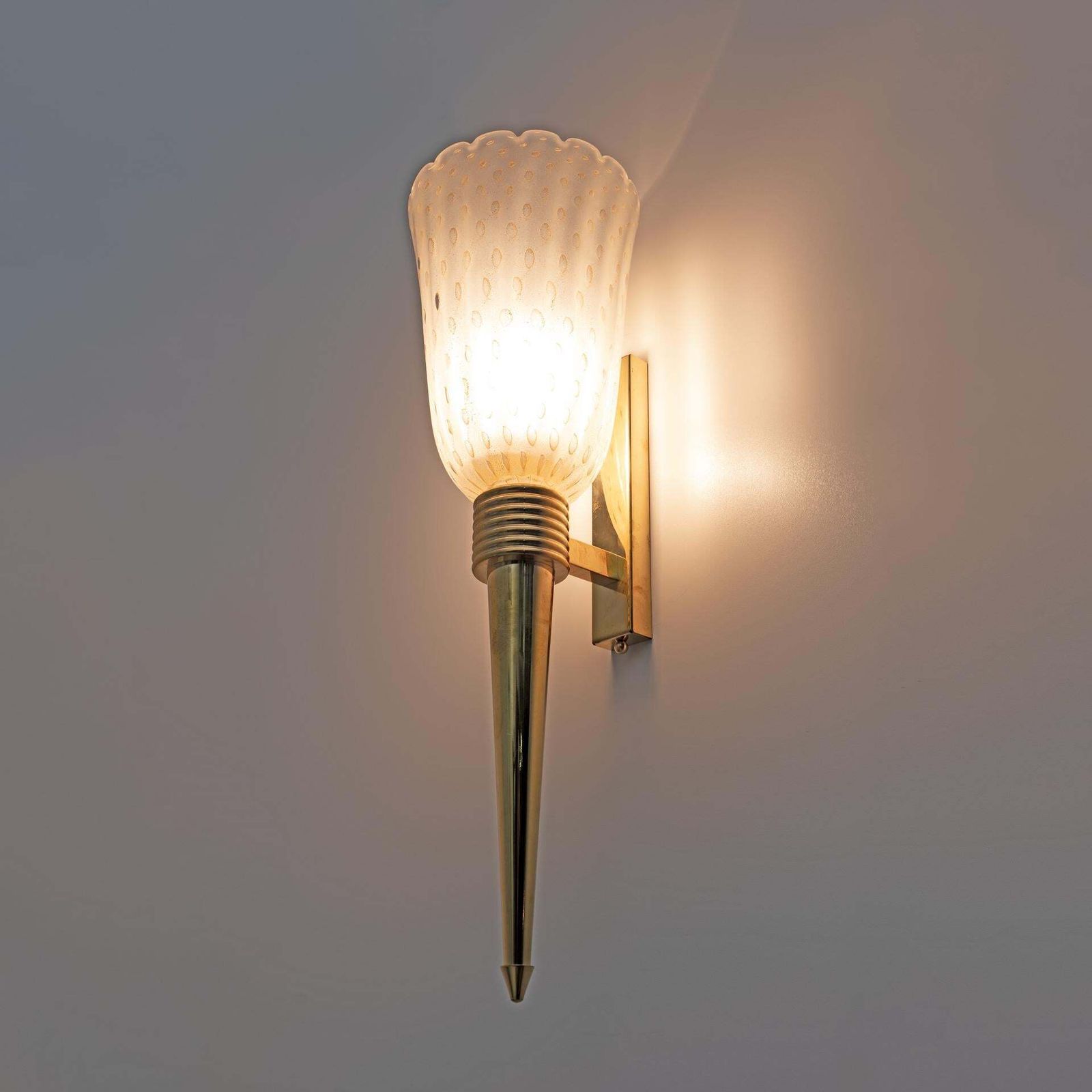 Pair Of Mid Century Modern Italian Brass And Pulegoso Murano Glass Sconces photo vinterior