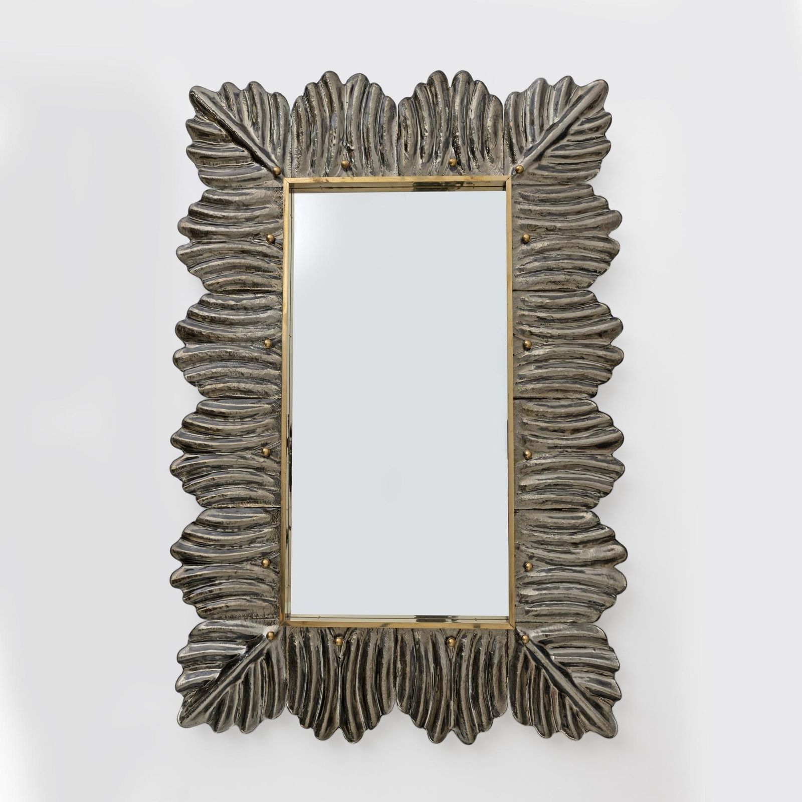 Mid Century Modern Italian Brass And Leaves Murano Glass Wall Mirror photo furniture