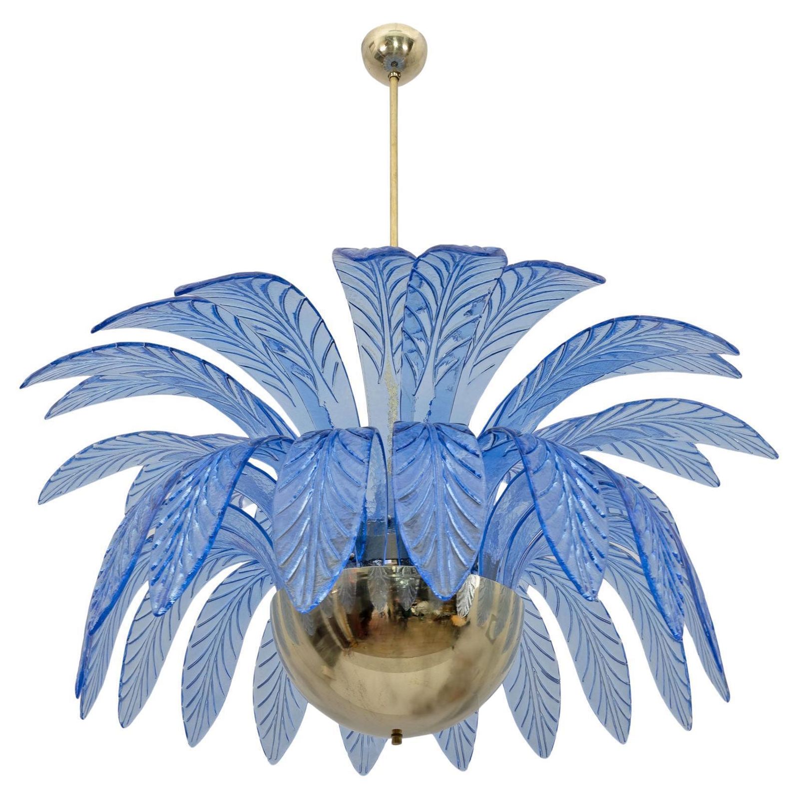 Mid Century Modern Palm Leaves Big Chandelier Murano Glass And Brass, 1970s