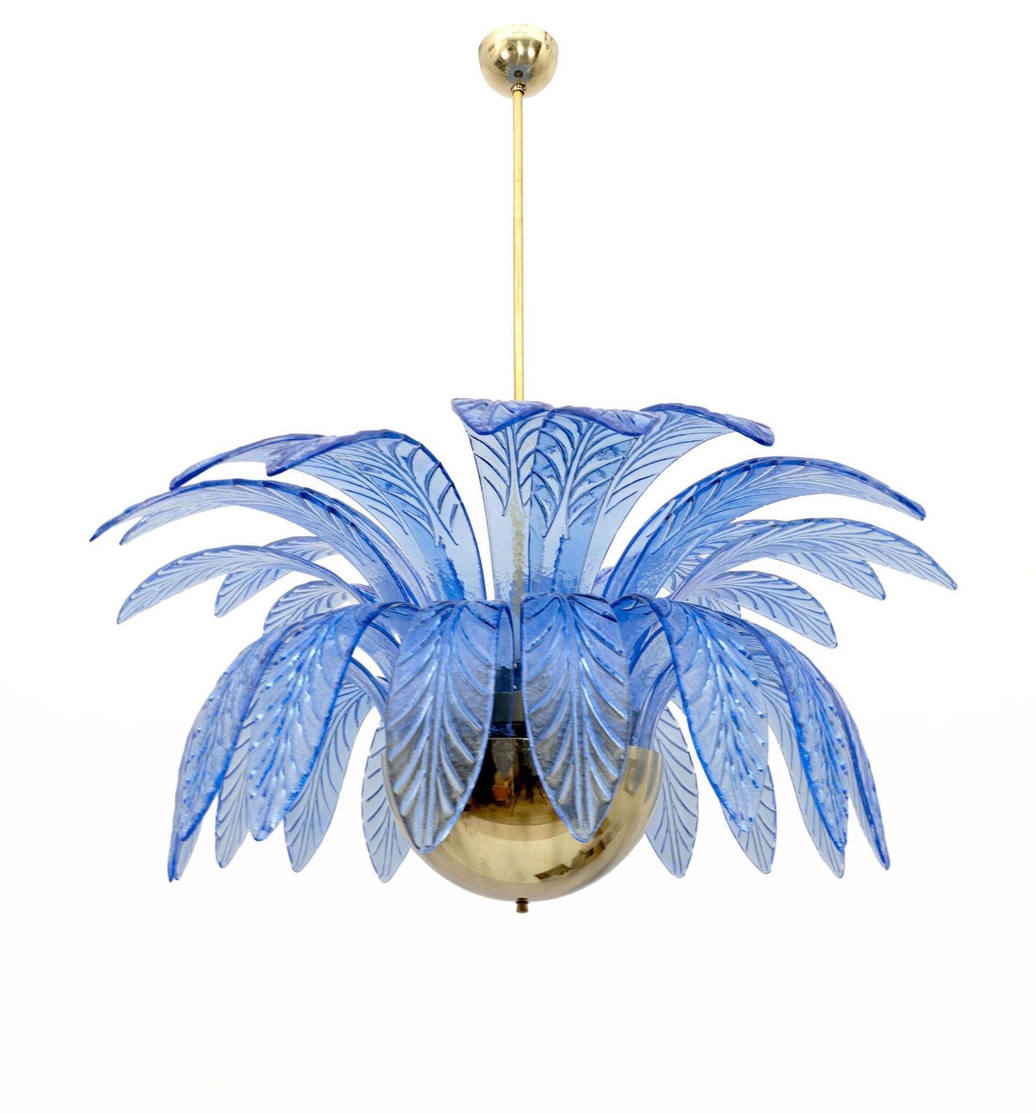 Mid Century Modern Palm Leaves Big Chandelier Murano Glass And Brass, 1970s photo vinterior