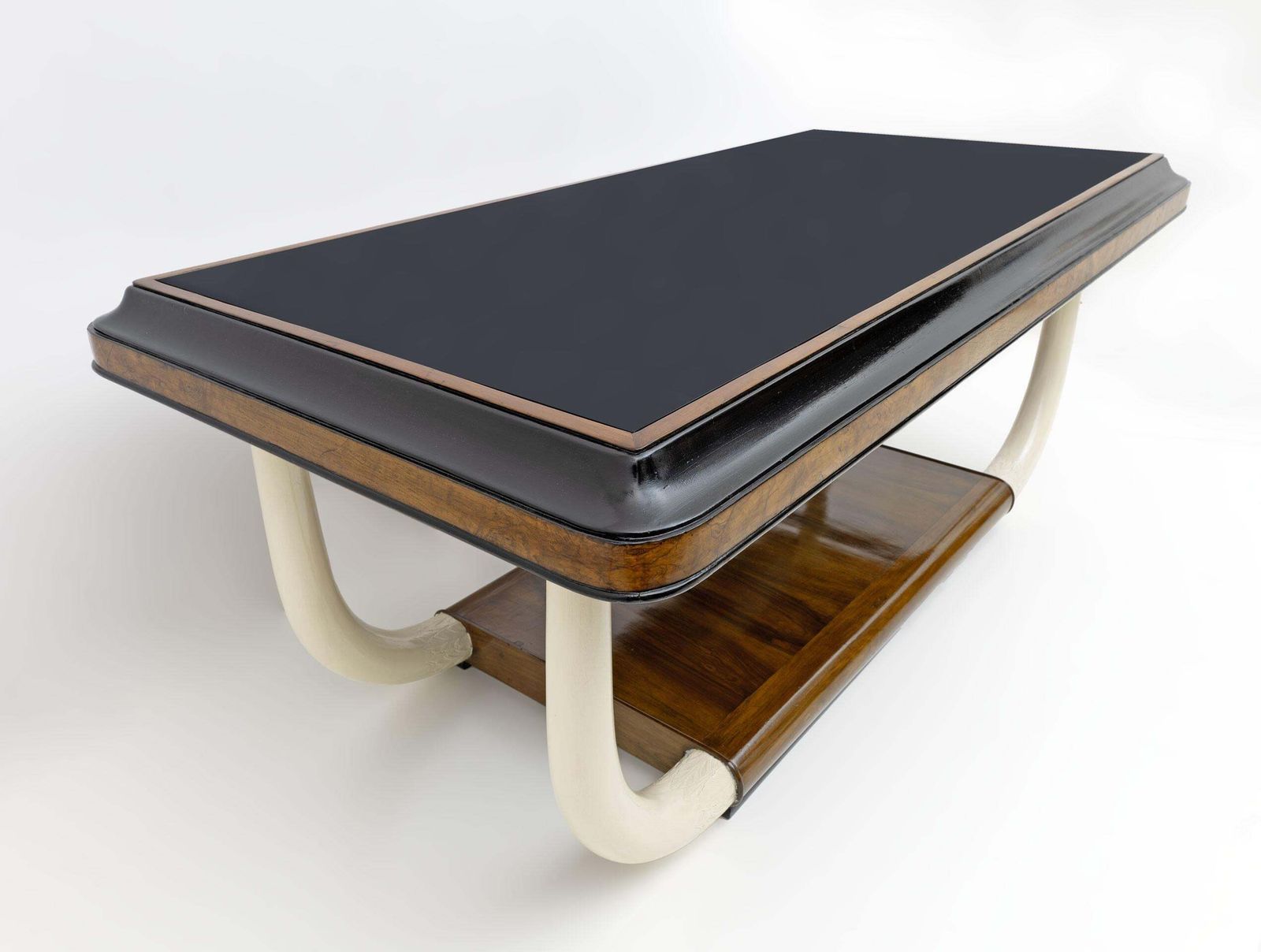 Art Deco Italian Walnut And Top Glass Table With Elephant Tusk Legs, 30s photo 3860.0