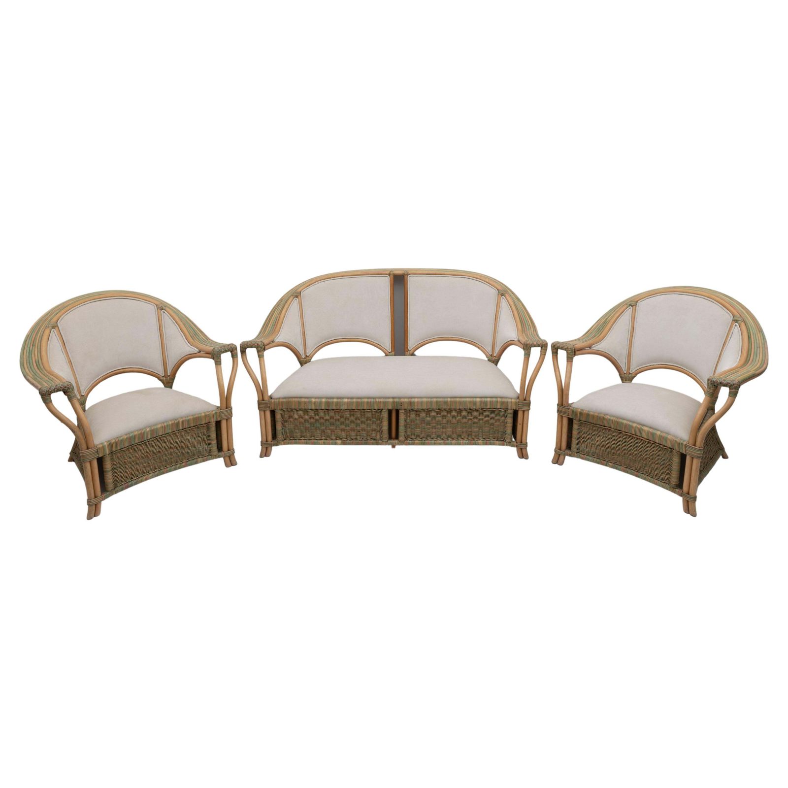 Mid Century Modern Italian Rattan And Wicker Two Armchairs And Sofa, 1970s