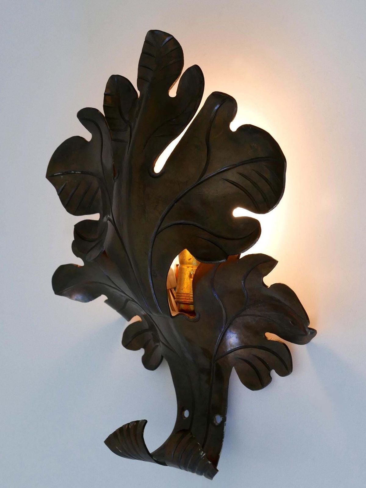 photo for sale Lovely Mid Century Modern Brass Oak Leaf Sconce Or Wall Lamp Germany 1960s