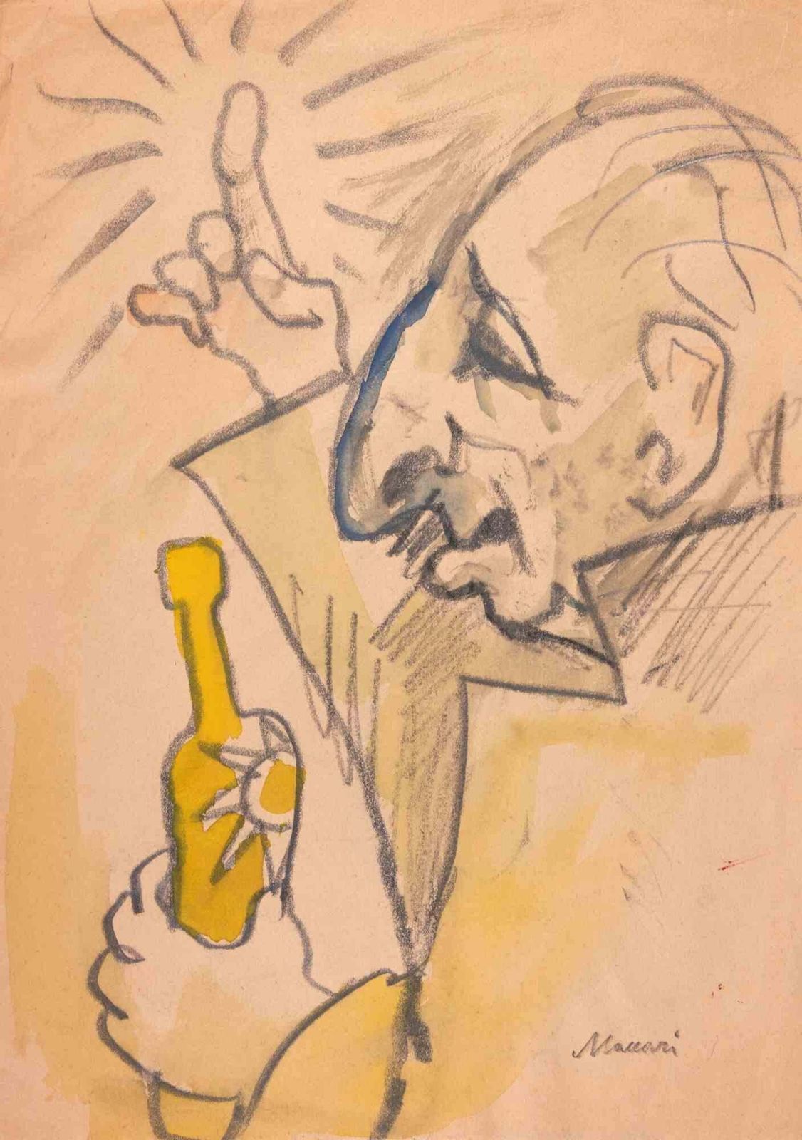 Mino Maccariportrait   Drawing By Mino Maccari   Mid 20th Centurymid 20th Century