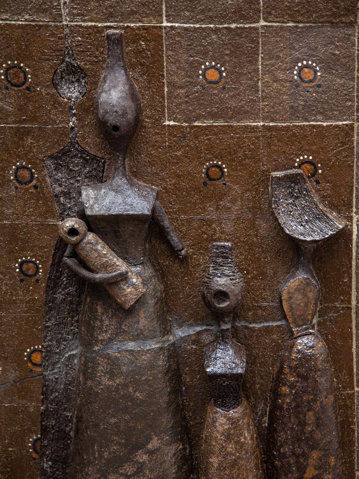 Large Wall Mounted Brown Toned Ceramic Sculpture Women With Child, 1960s photo vintage