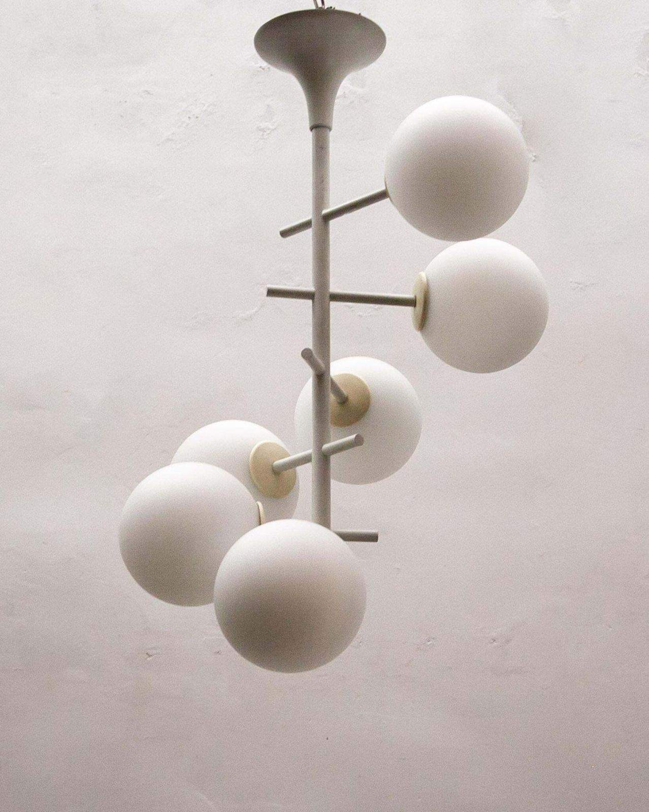 Large Kaiser Sputnik White Opal Glass Globes Chandelier, Germany, 1960s photo Lighting