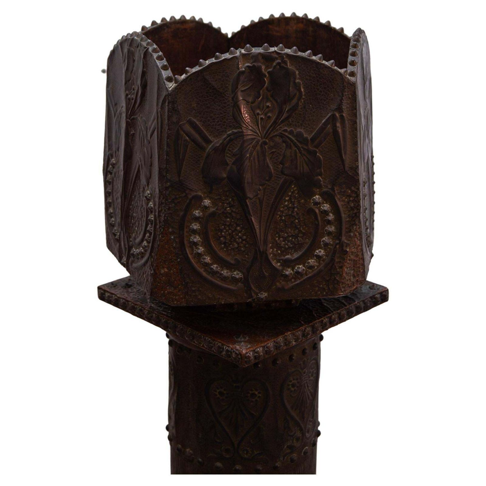 Art Nouveau Pedestal And Planter In Hammered Copper By Large Iris Flowers photo Home Decor