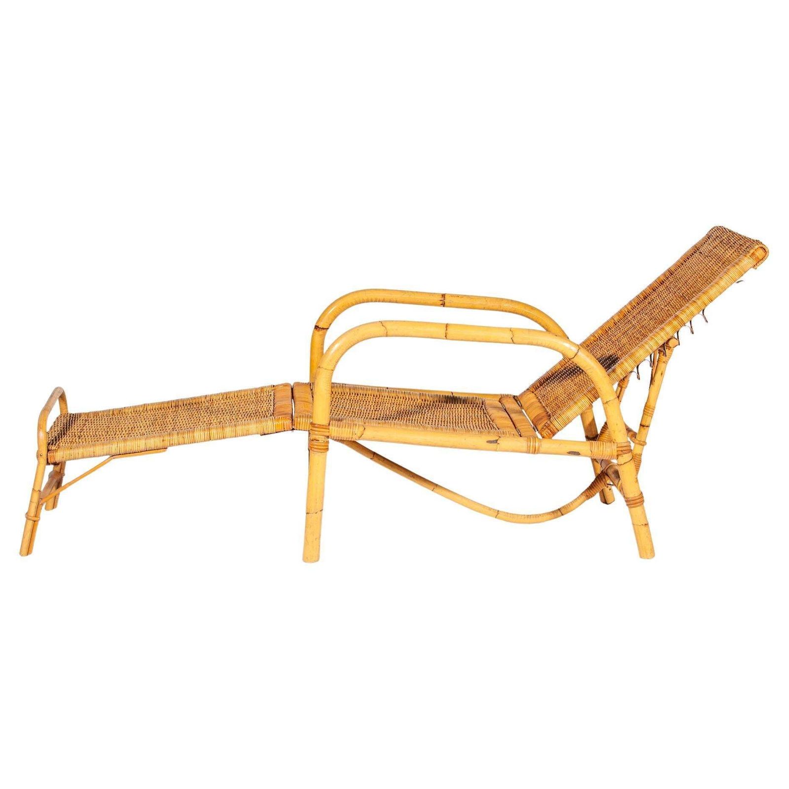 Bamboo Boho Rattan Easy Chair For Your Patio, 1960s Italy, With Foot Stool