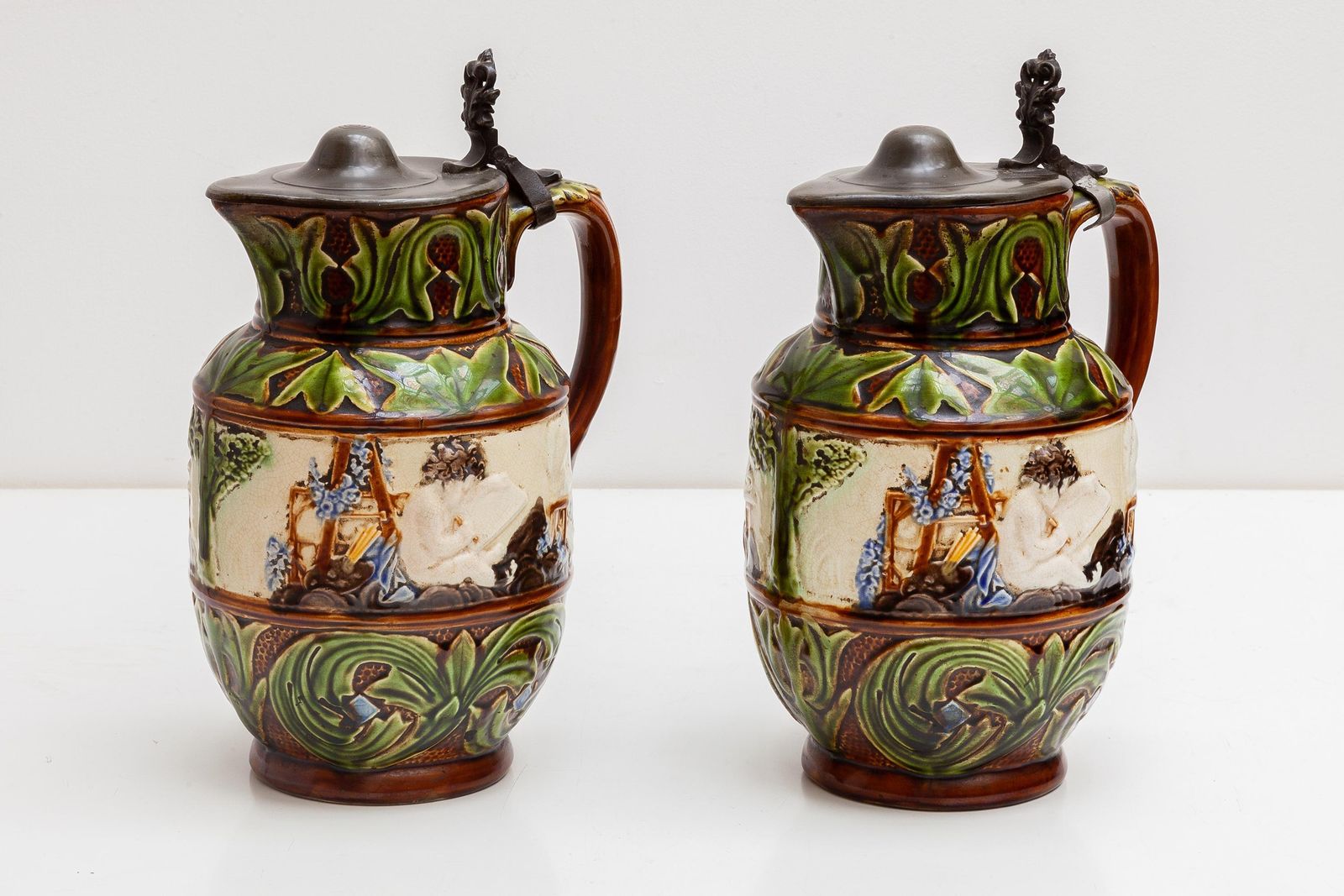 Set Of Two Majolica Jugs, Nimy Faiences Imperiale Belgium photo furniture