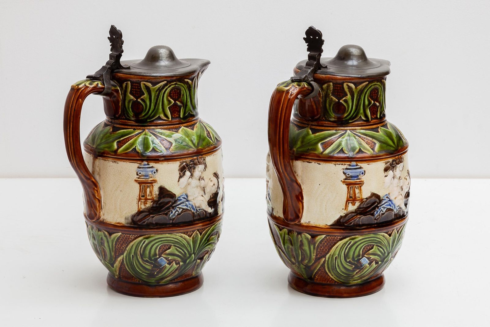 Set Of Two Majolica Jugs, Nimy Faiences Imperiale Belgium photo 947.0
