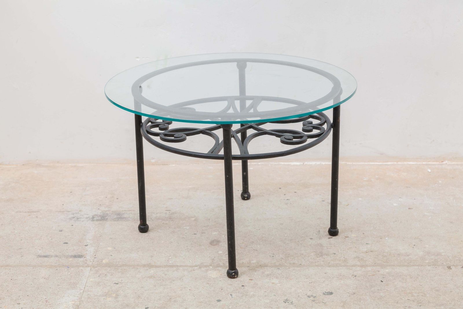 Wrought Iron Round Coffee Table, Glass Top 1960s France photo for sale