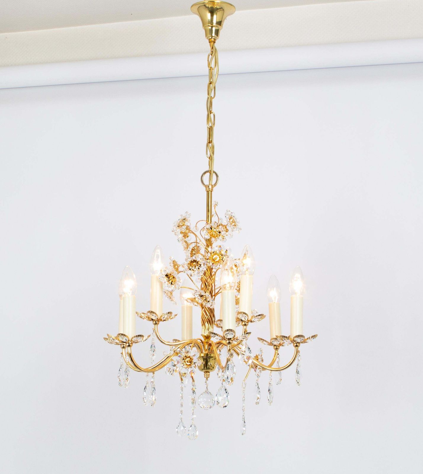 Large Gilt Brass Flower Shape Chandelier By Palwa, Germany, 1970s photo Lighting
