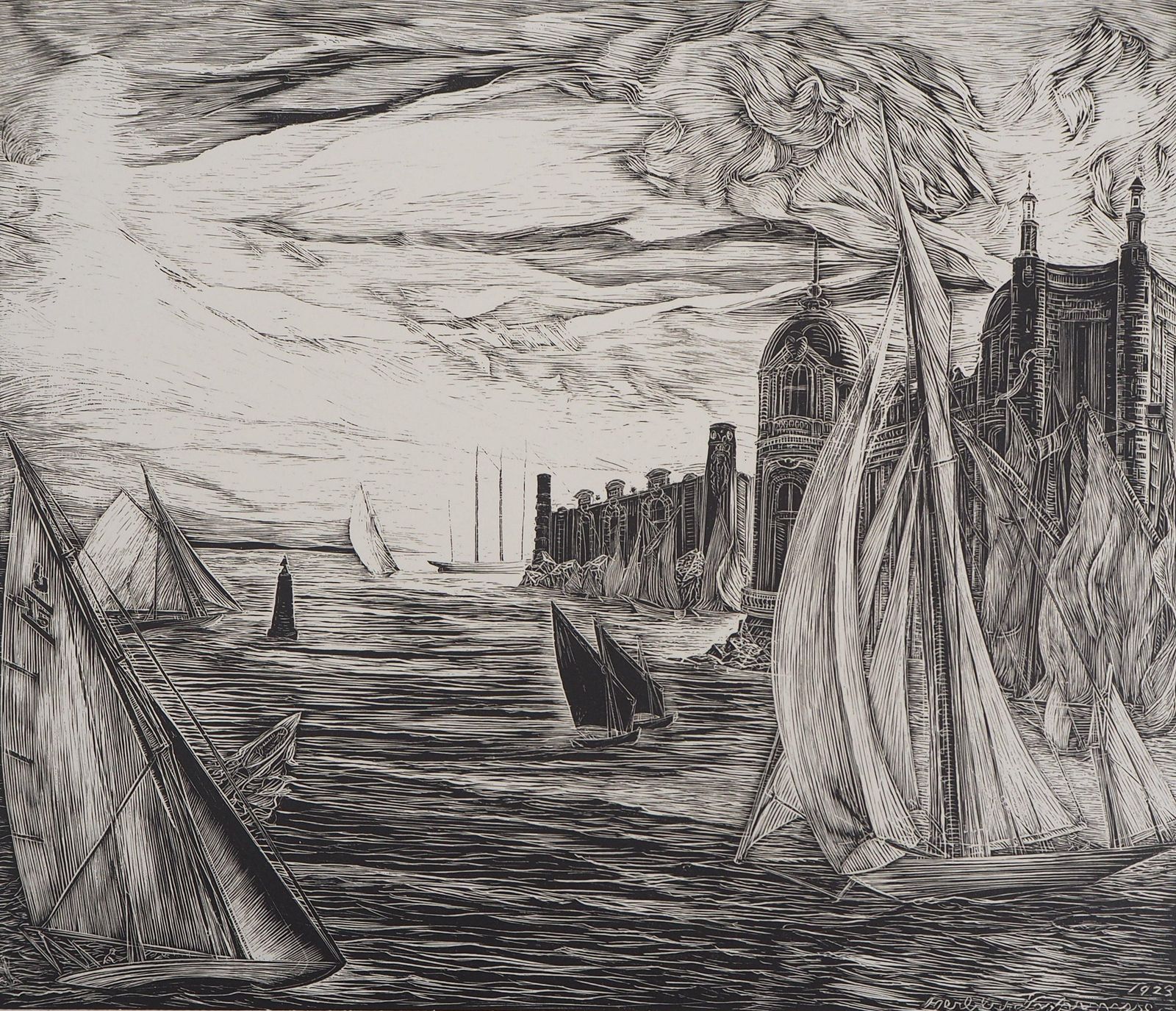 Herbert Lespinasseseascape : Castel And Sailboats   Original Wooodcut, Handsigned1924 photo for sale