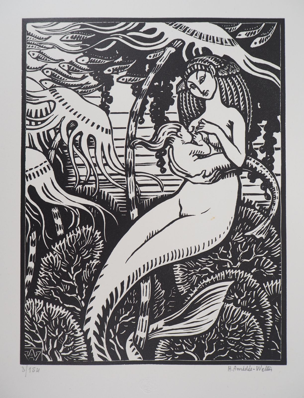 Henri Amedee Wetterlife In The Sea : Mermaid Maternity   Original Wooodcut, Handsigned & Numbered1922