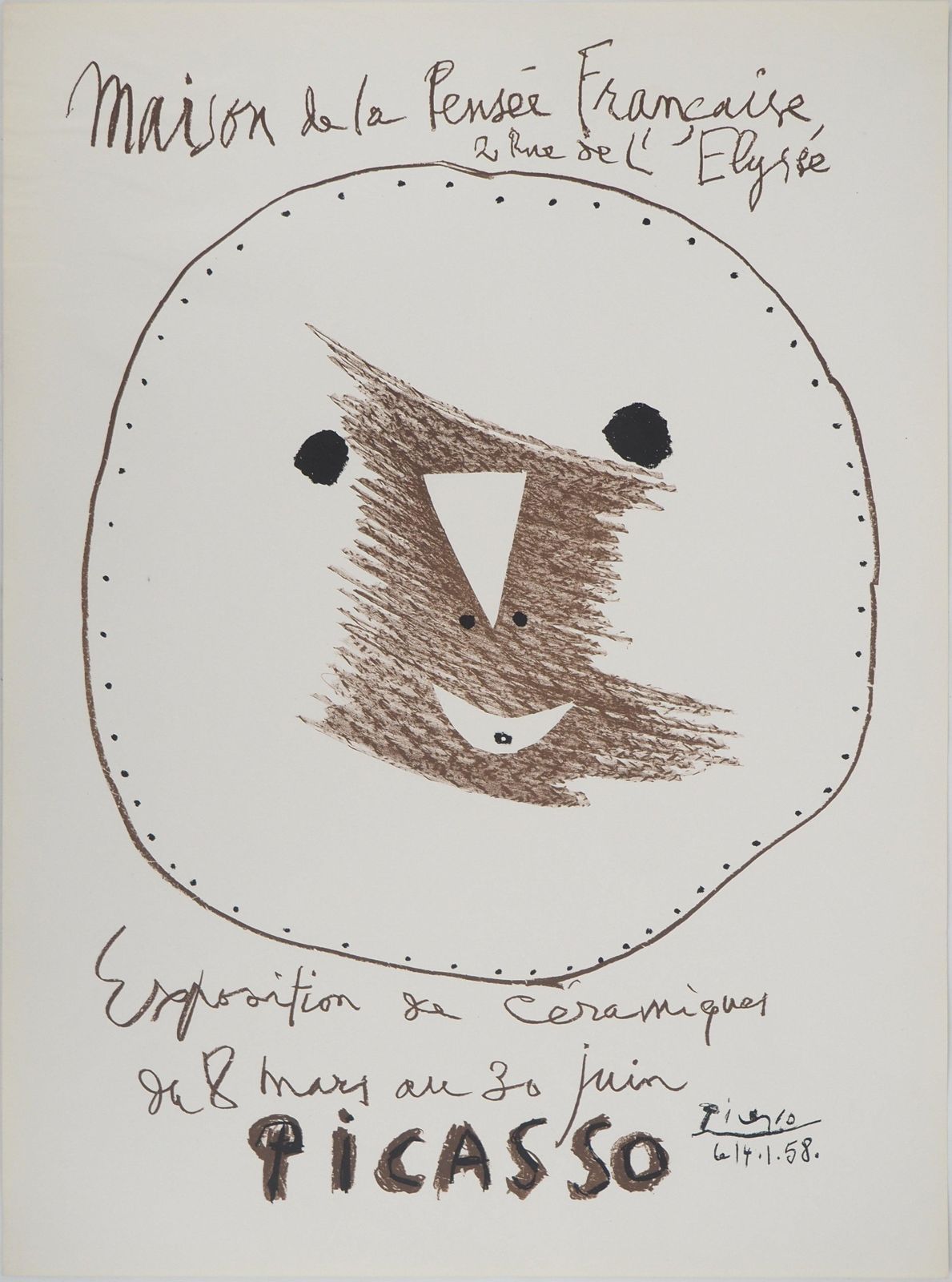 Pablo Picassosmilling Face, Madoura Ceramics   Original Lithograph (Cwiklitzer #31)1958 photo Art