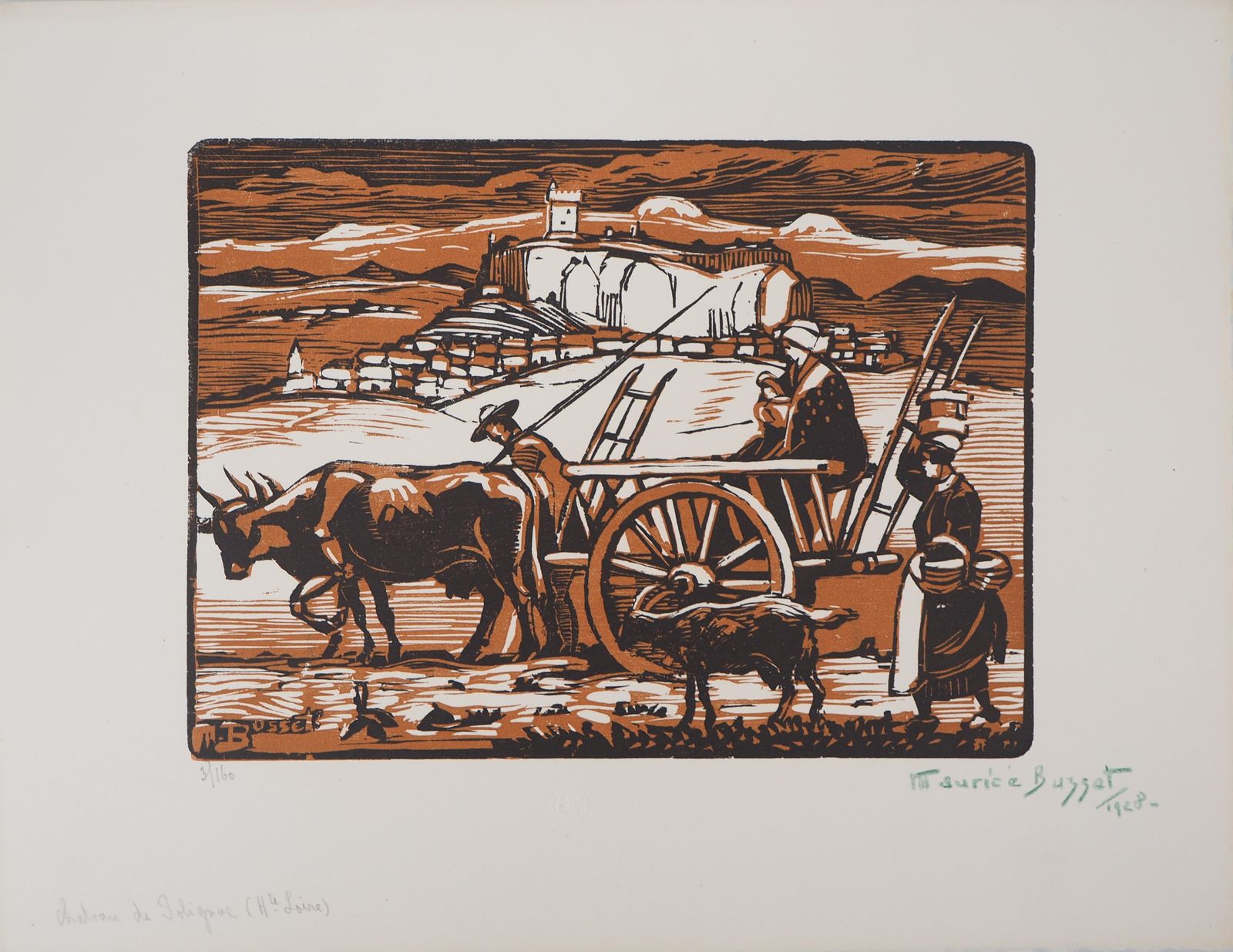 Maurice Bussetpeasants In Front Of A Castle   Original Wooodcut, Handsigned1927