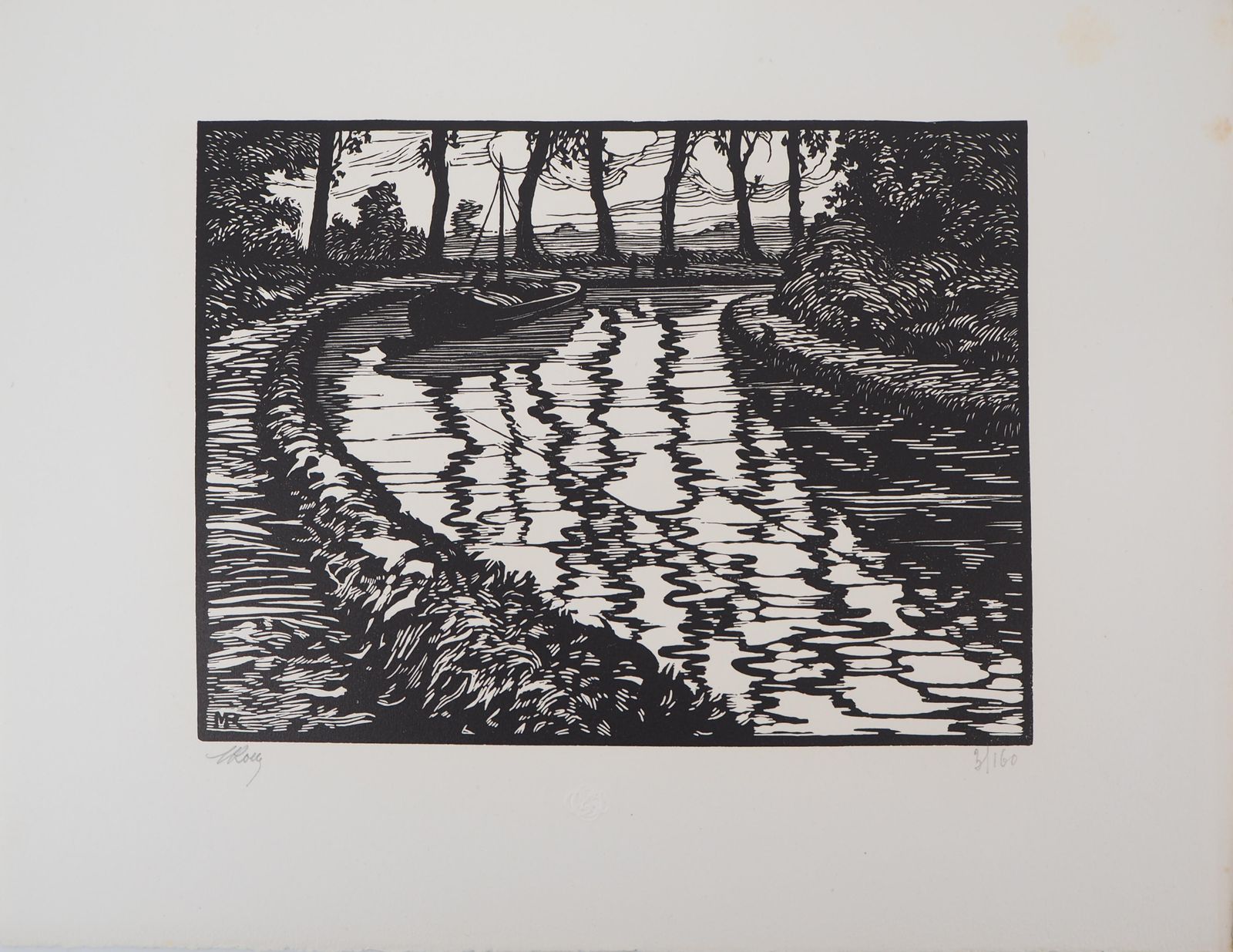 Maurice Rolletpeaceful Cruise On The Canal   Original Wooodcut, Handsigned & Numbered1927 photo 172.0