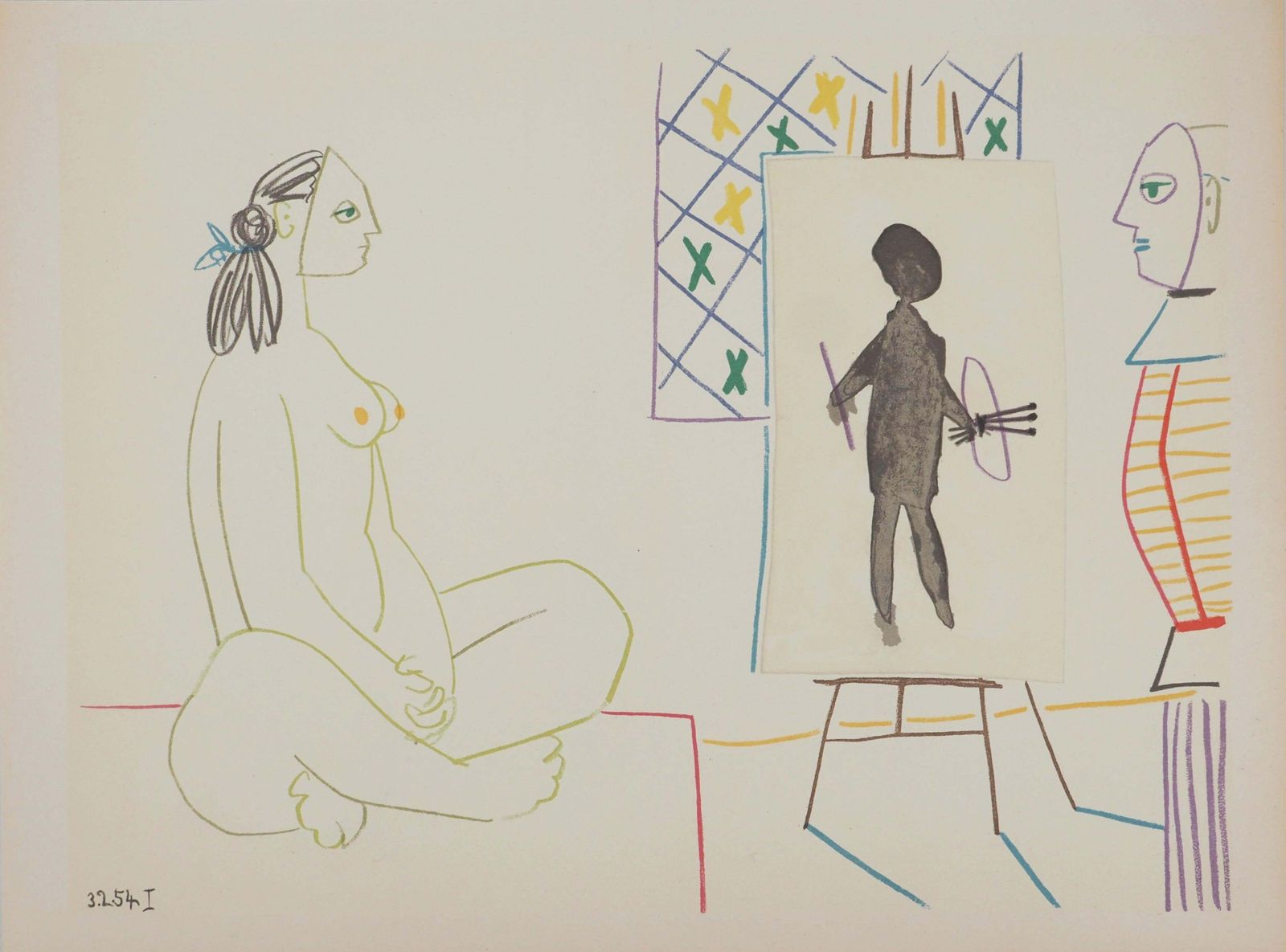 Pablo Picassothe Costumed Artist And His Model   Original Lithograph (Mourlot)1954 photo furniture