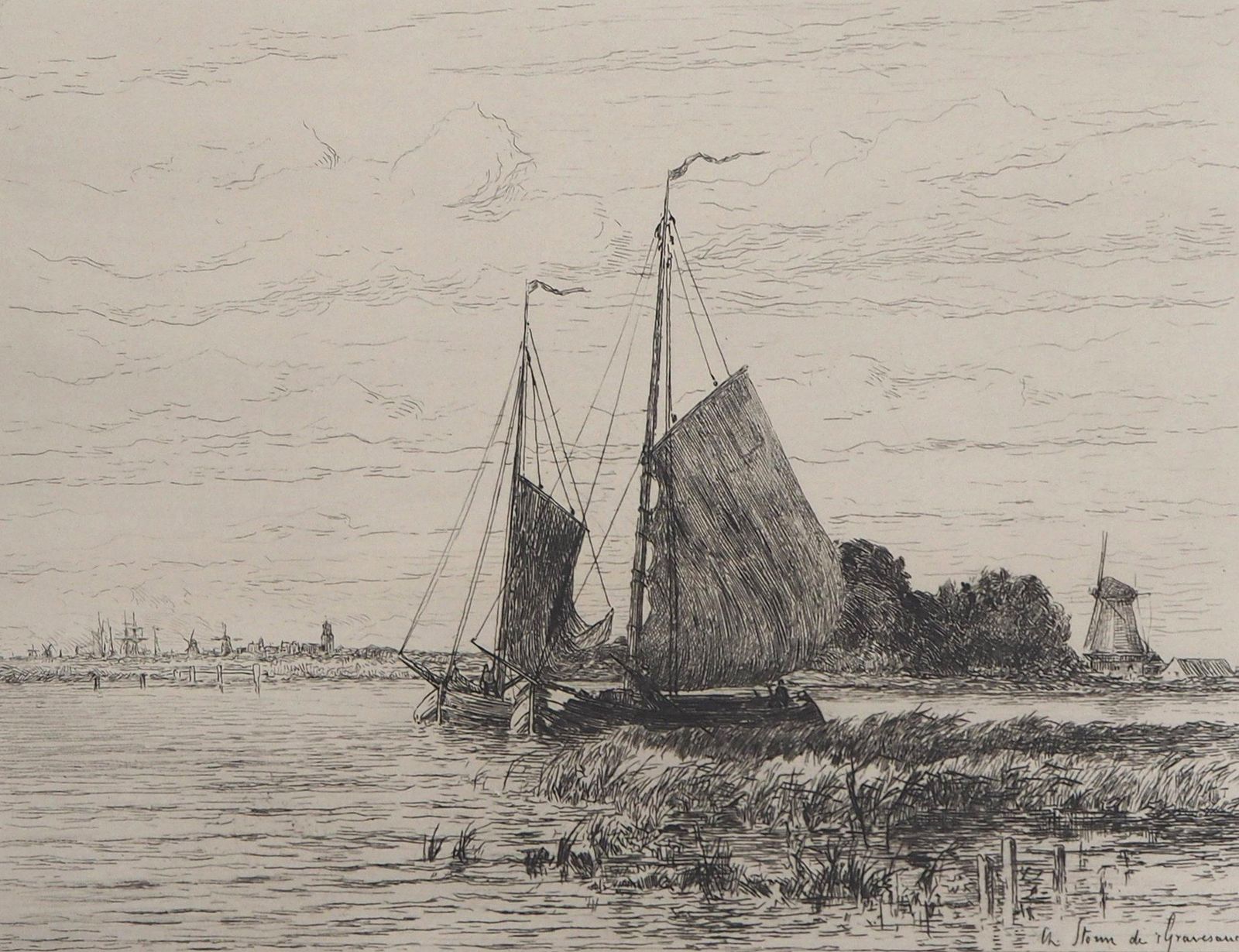 Charles Storm Van S'gravesandeholland : Fisherman Sailboats On The River, Original Etching photo for sale