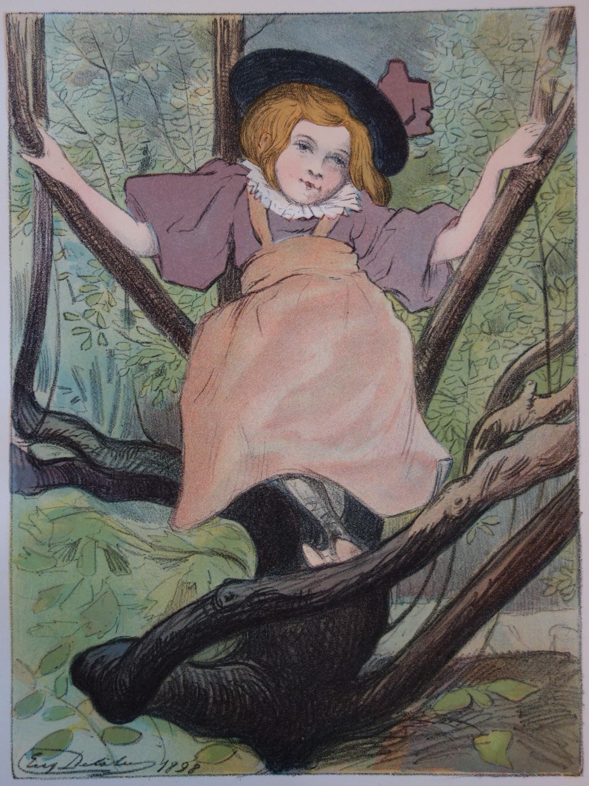 Eugène Delâtreyoung Girl Playing In The Woods   Original Lithograph, 18981898